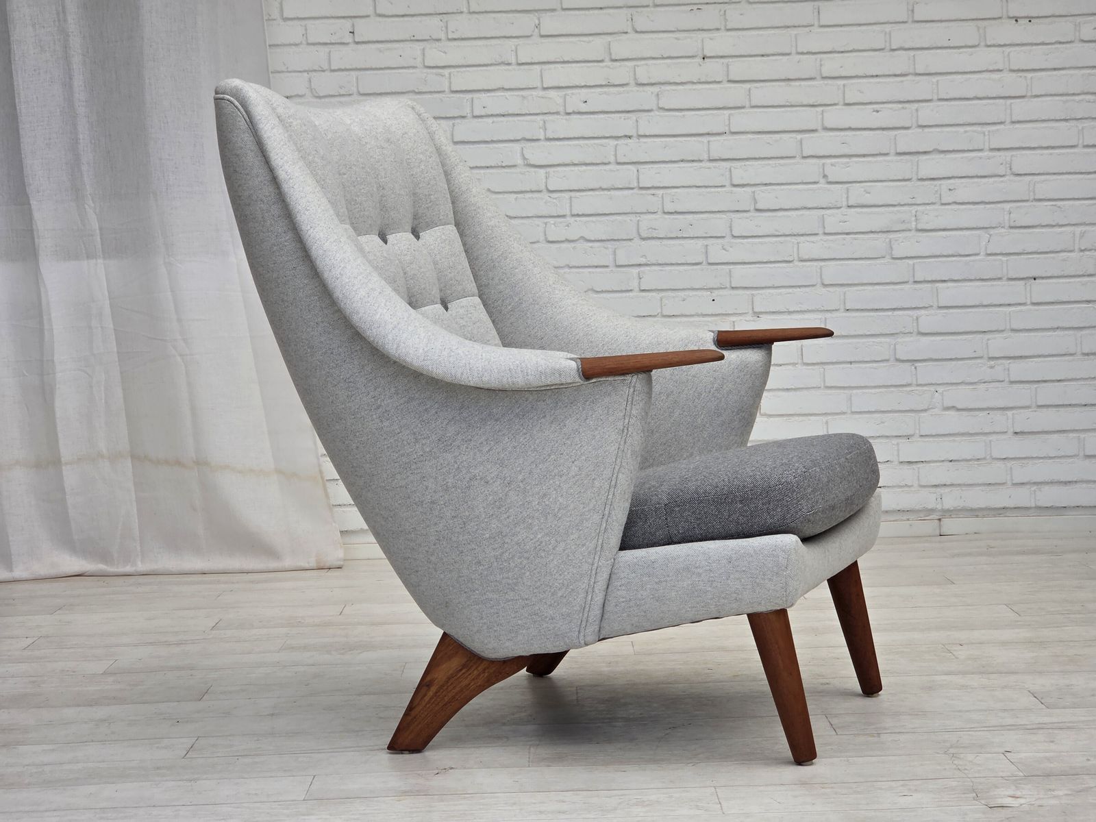 photo furniture 1970s, Danish High Backed Armchair, Wool, Teak Wood.