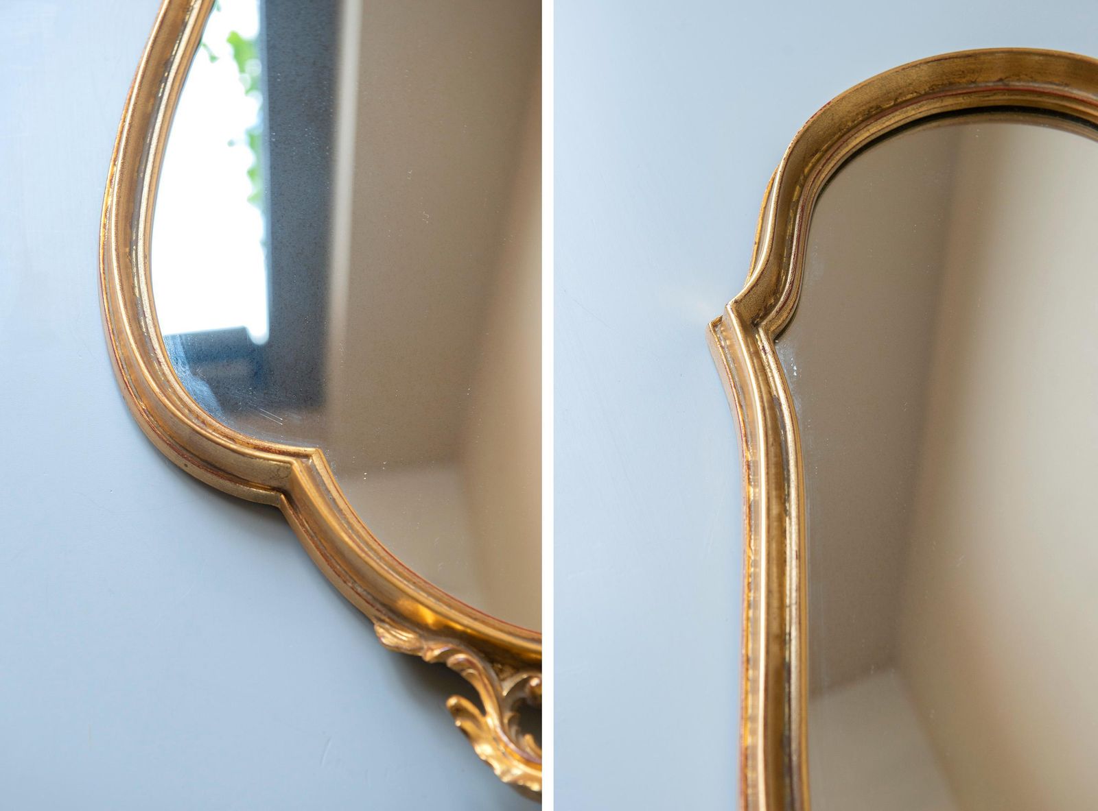 photo for sale Grand miroir doré Deknudt, miroir en arche belge, miroir mural baroque, cadre en feuille d'or festonné, fabriqué en Belgique
