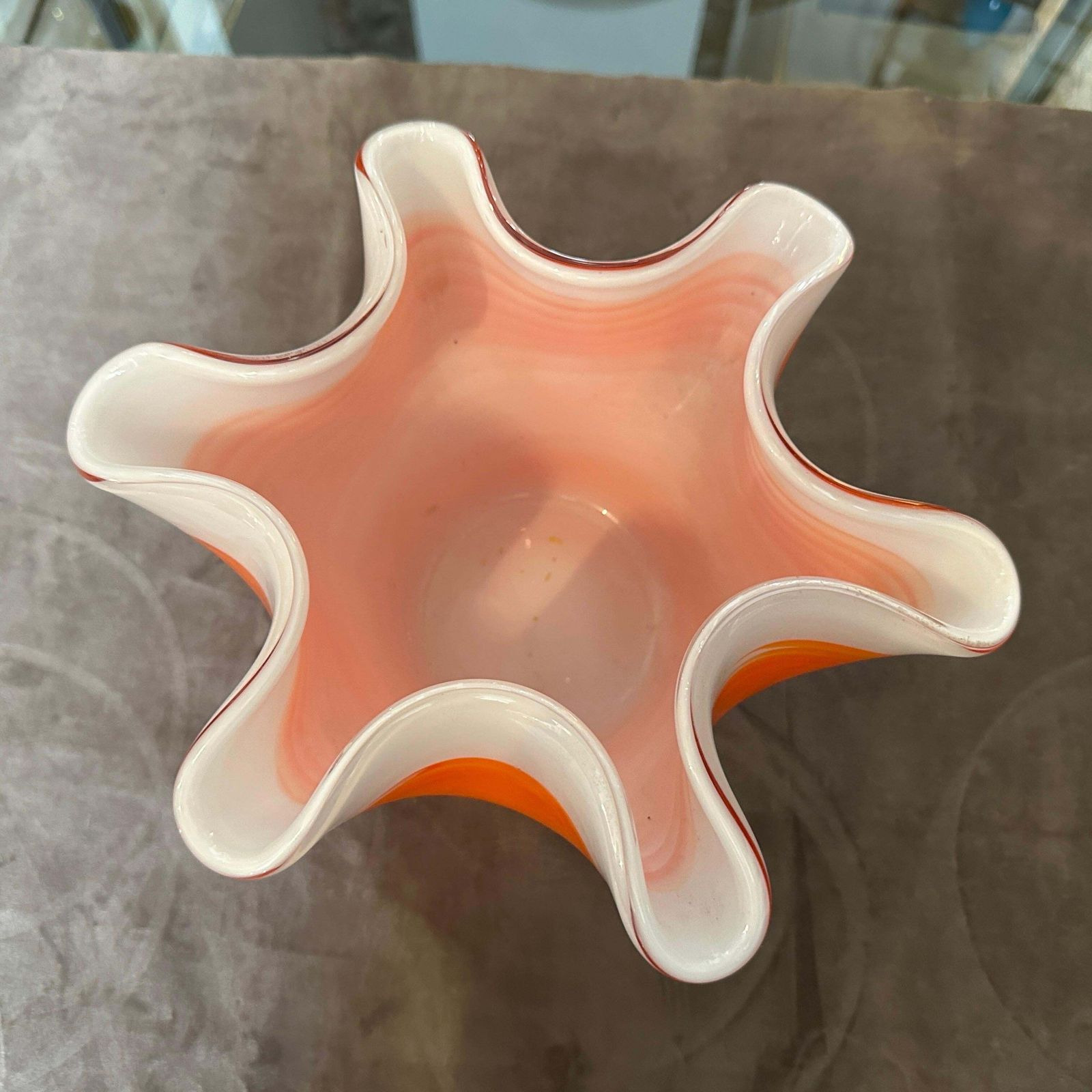 1970s Modern Orange And White Murano Glass Vase In The Manner Of Venini photo for sale