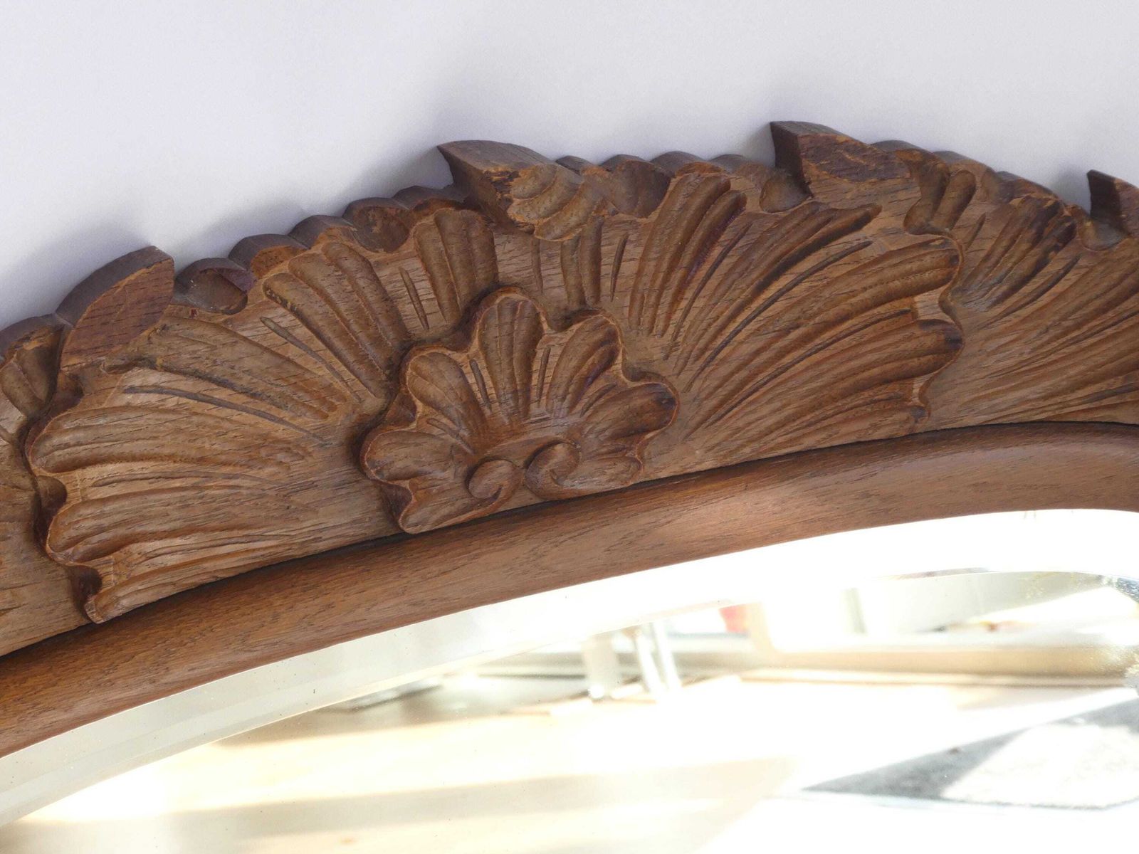 Antique Scalloped Half Moon Wall Mirror With Floral Carved Ornament, Farmhouse Decor Wall Hanging, Dutch Wall Decor photo for sale