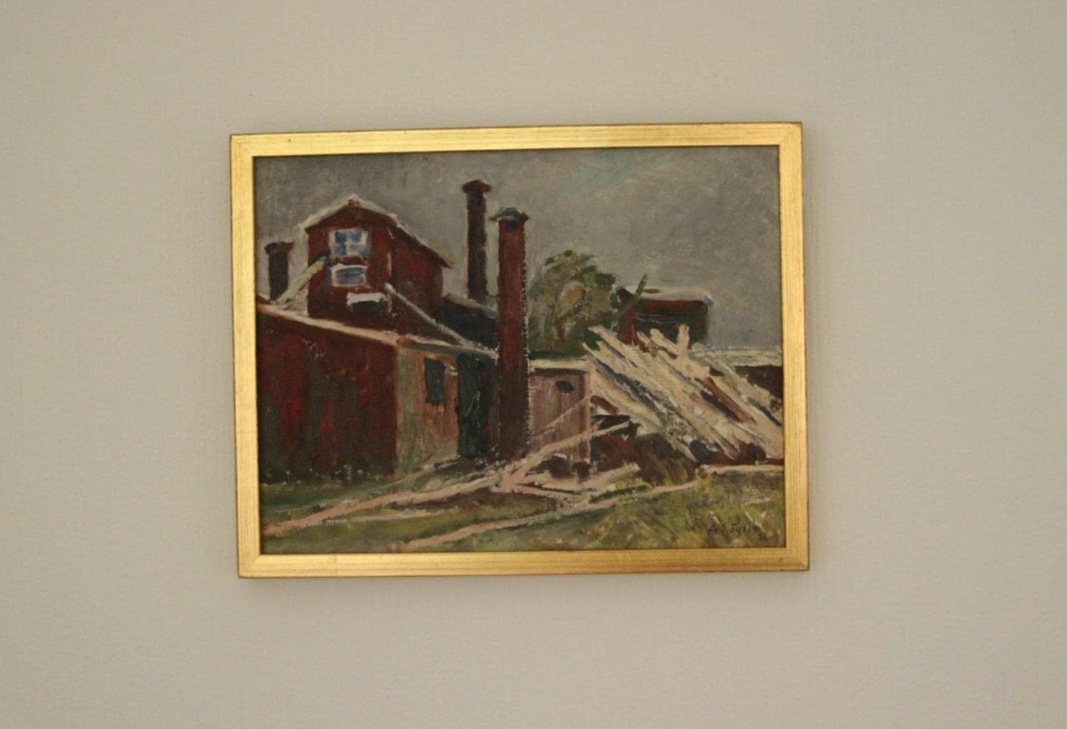 Original Mid Century Swedish Oil On Panel “House In The Country” By Axel Sjögren (1903–1985) – Vintage & Framed 30 X 38 Cm (11.8" X 15") photo furniture