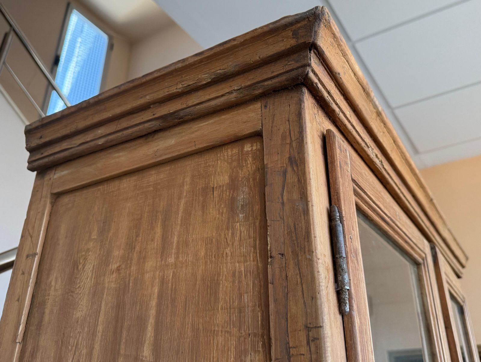 19th Century Large & Narrow Cupboard Or Bookcase With Glass Vitrine, Pine photo vintage