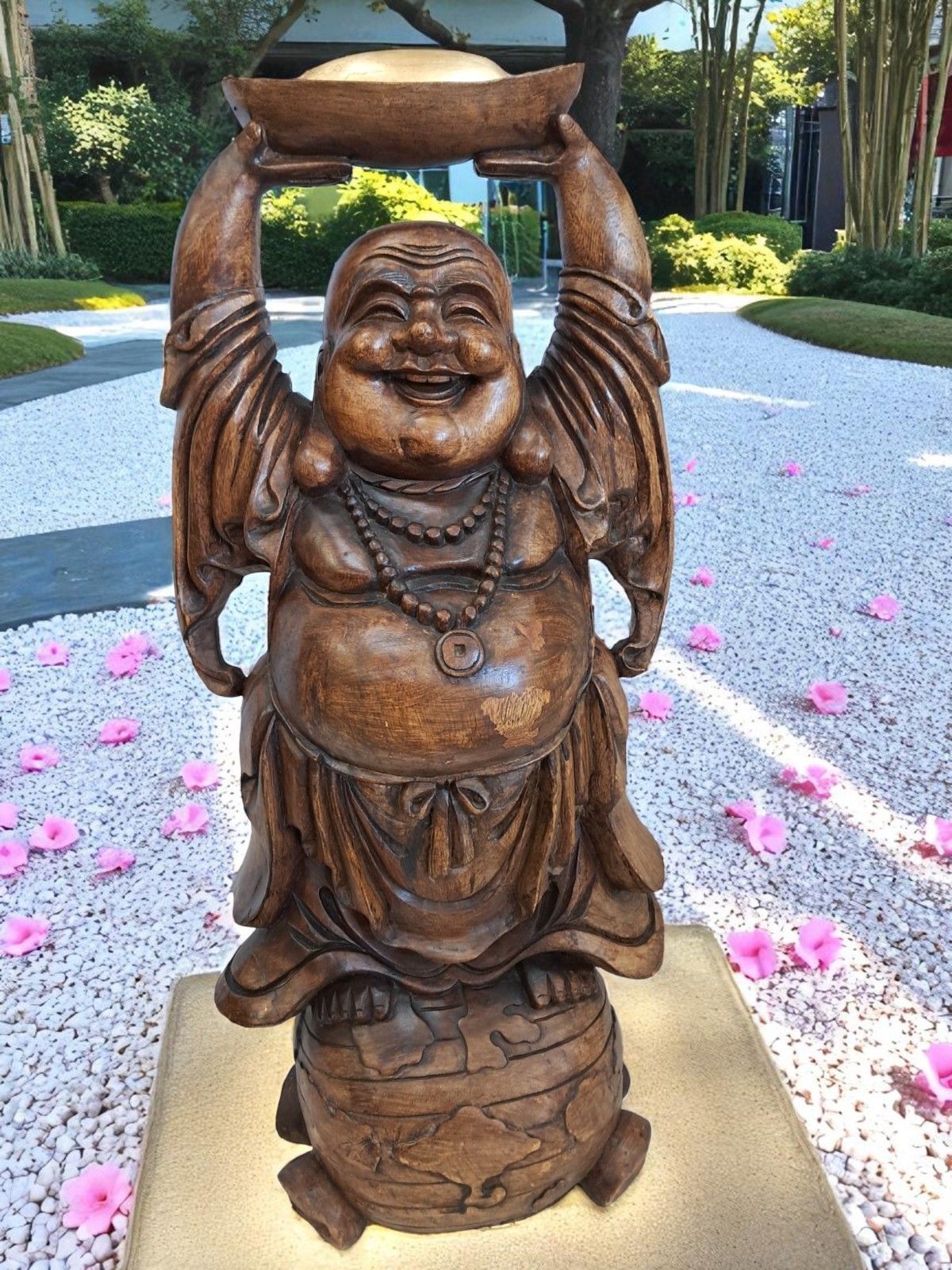 Vintage Lucky Wooden Laughing Buddha Large Hand Carved On World Golden Nugget