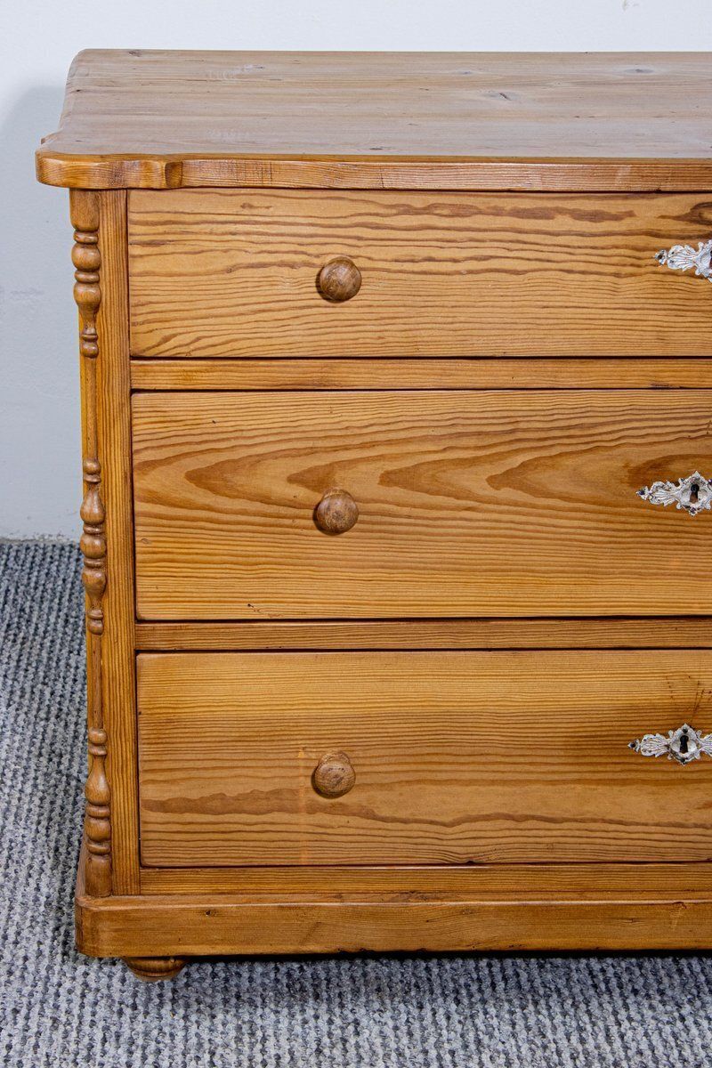 Antique Waxed Stripped Pine Chest Of 3 Drawers, Late 19th Century photo vintage