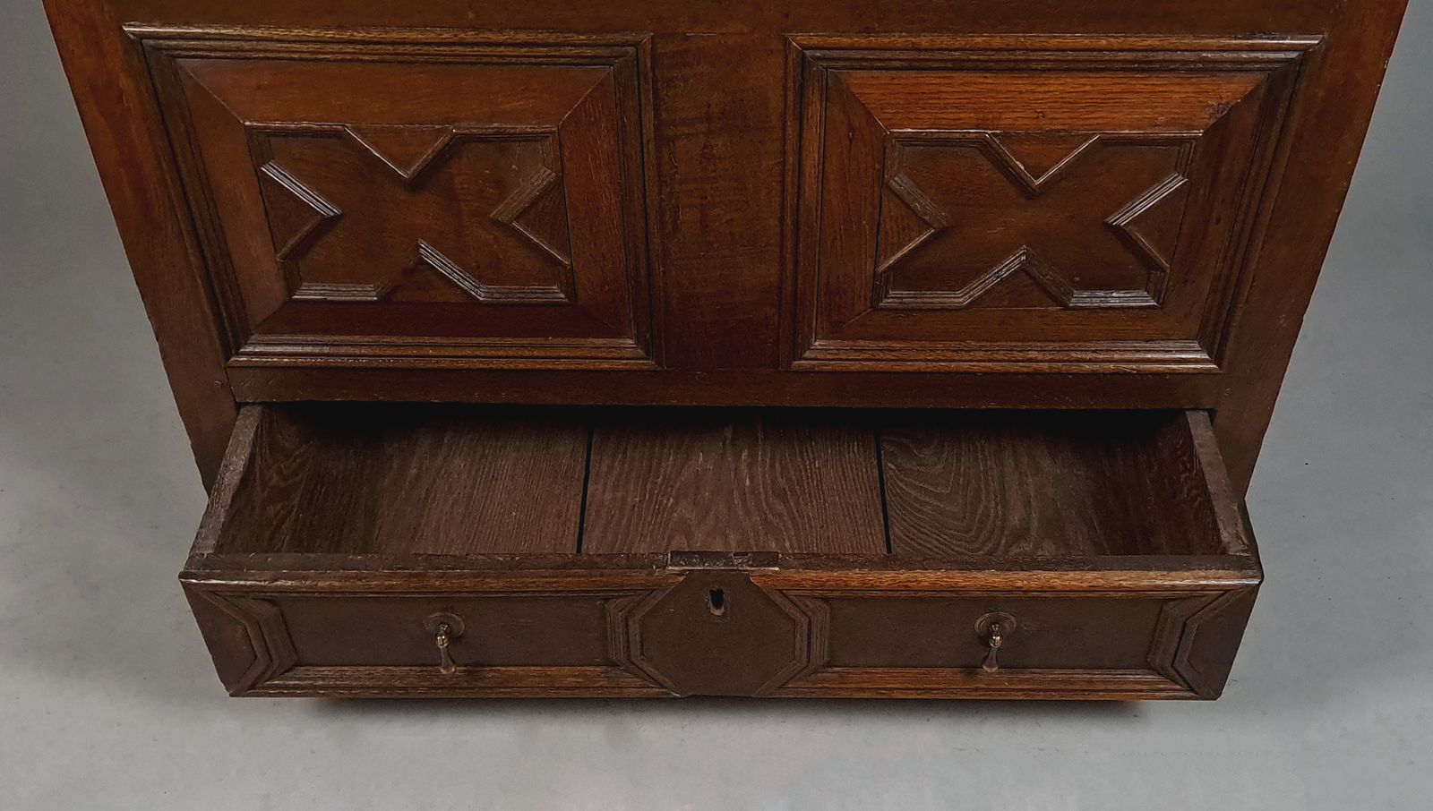 photo for sale Signed Original Period Charles II Oak Mule Chest C. 1665
