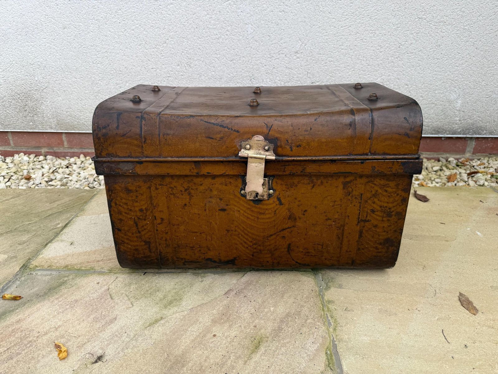 Large Antique Metal Trunk, Steamer Trunk, Vintage Rustic Metal Storage Box photo buy