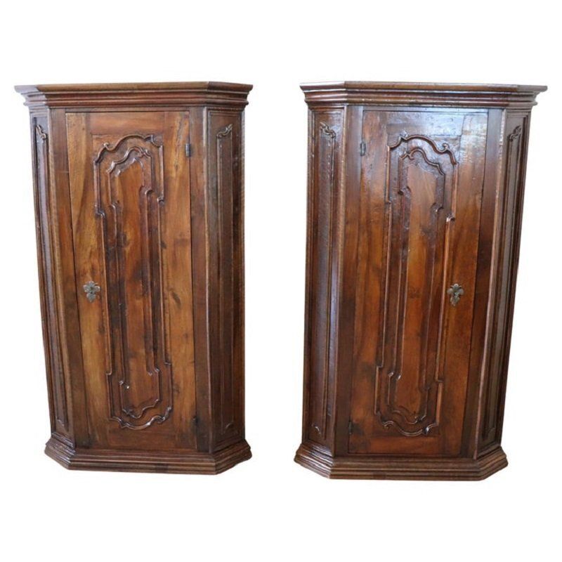 Antique Walnut Corner Cabinets, 1600s, Set Of 2