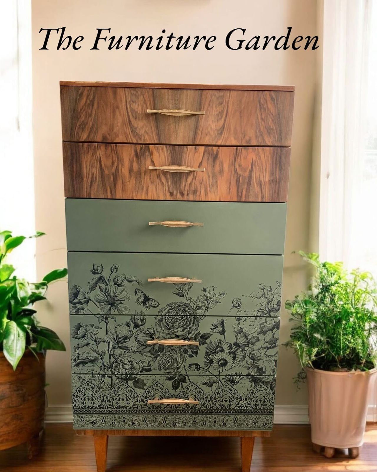 Mid Century Modern Teak Dresser: Olive Green Floral Transfer, 6 Drawer photo for sale