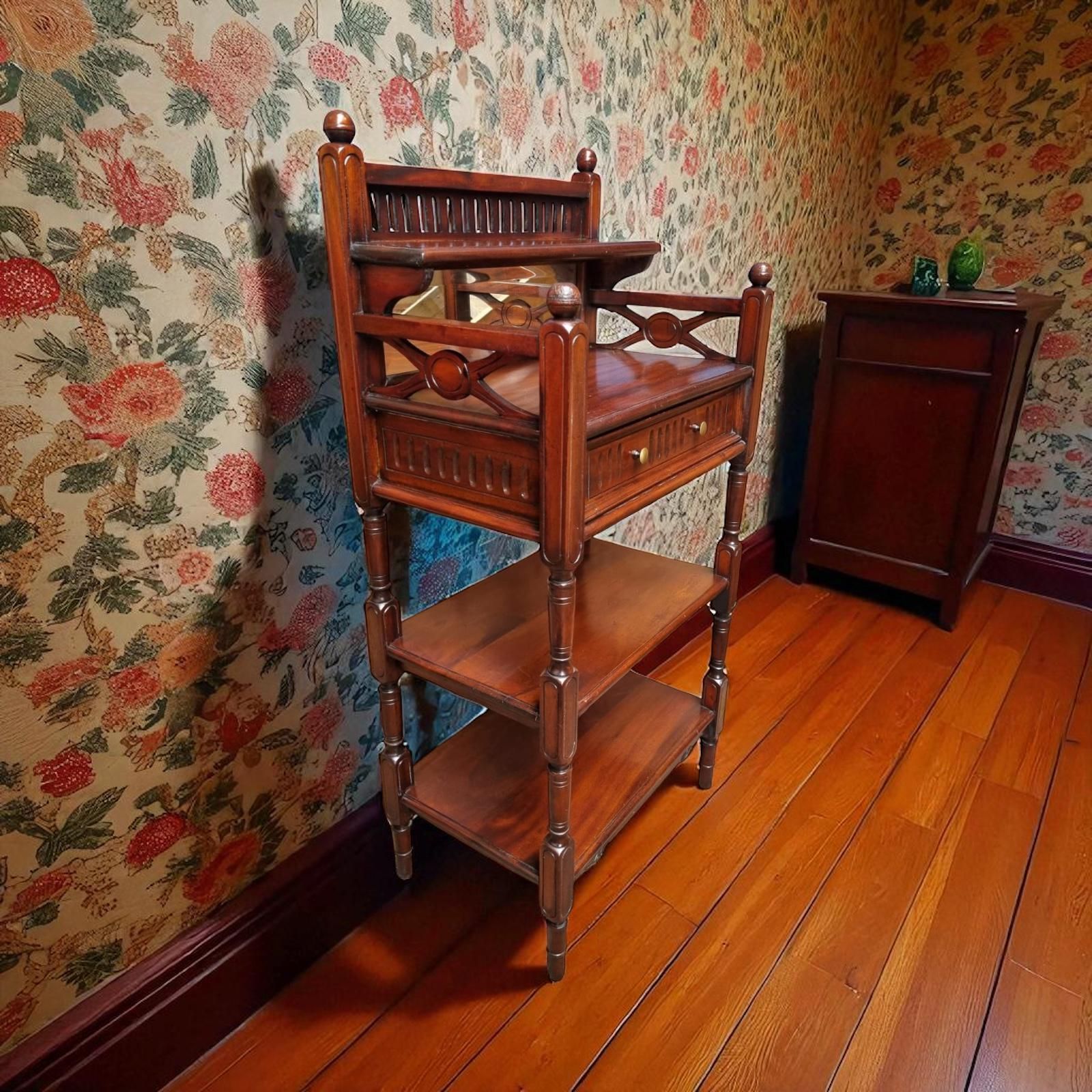 Antique Victorian Mahogany Whatnot With Mirror And Drawer photo vintage
