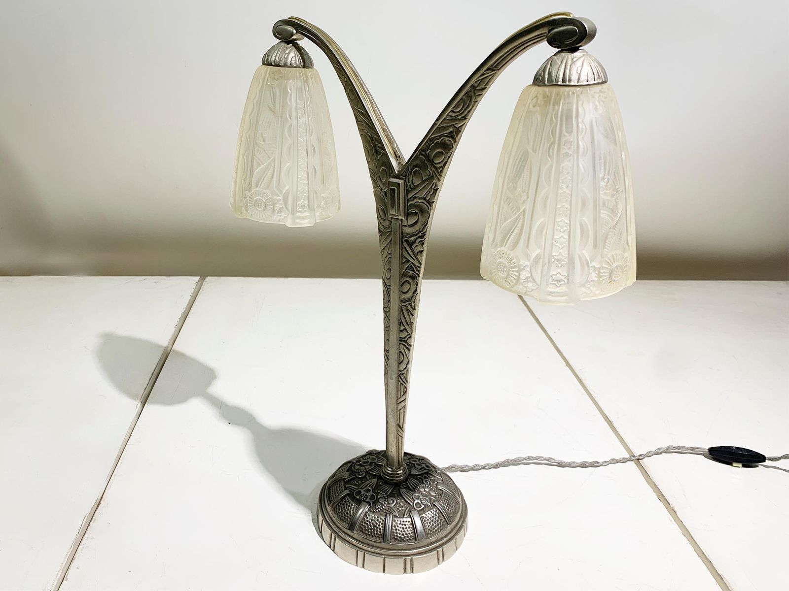 Art Deco Double Arm Table Lamp In Press Molded Glass/Nickeled Bronze, Circa 1930 photo furniture