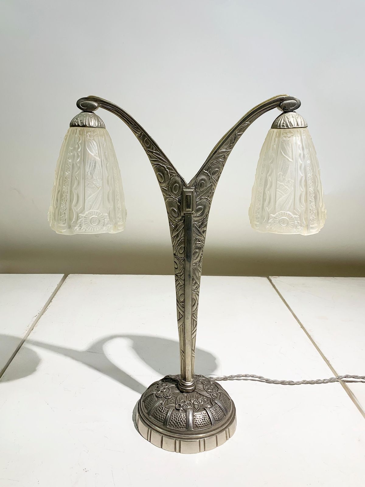 Art Deco Double Arm Table Lamp In Press Molded Glass/Nickeled Bronze, Circa 1930 photo for sale