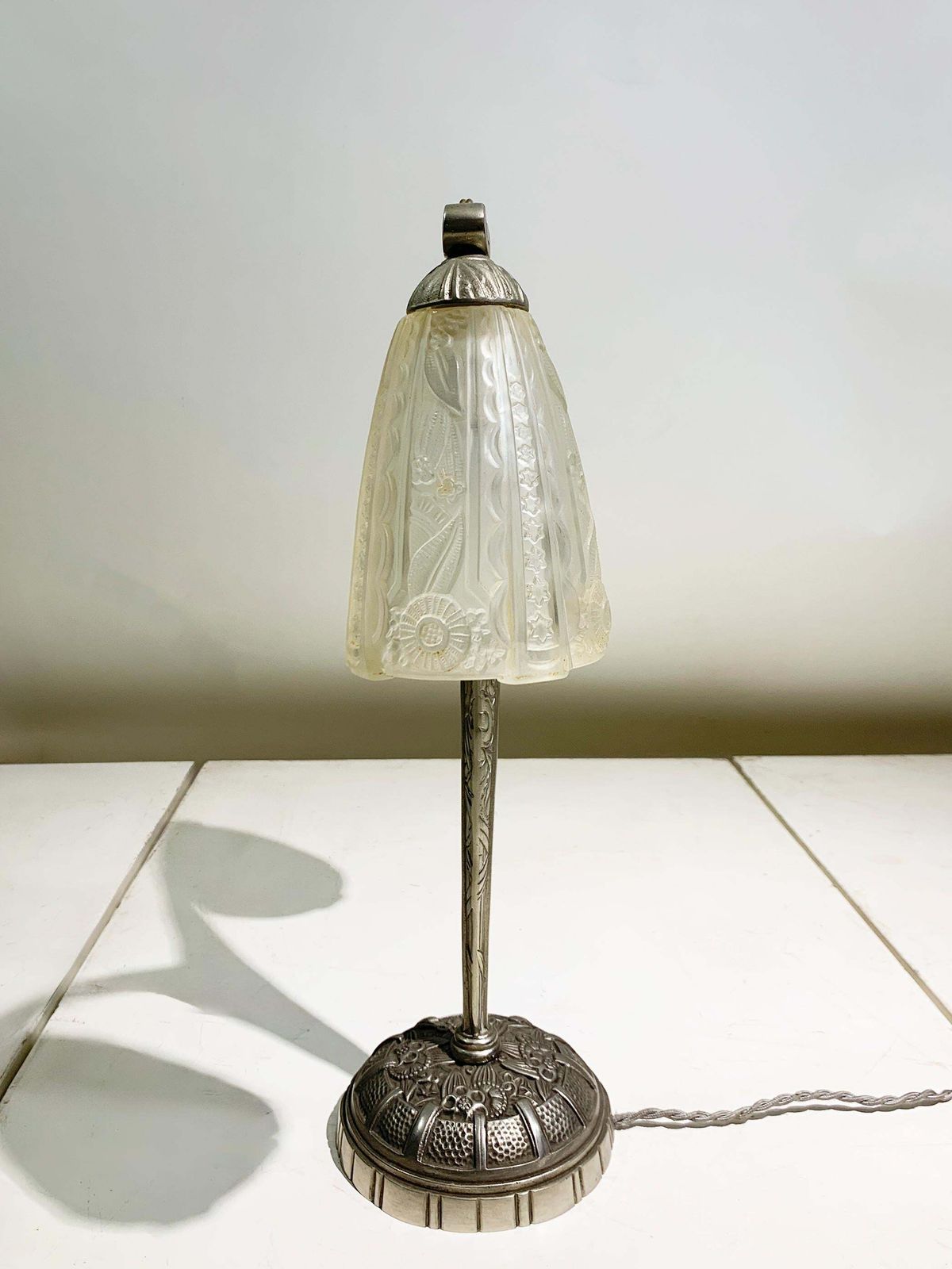 Art Deco Double Arm Table Lamp In Press Molded Glass/Nickeled Bronze, Circa 1930 photo Lighting