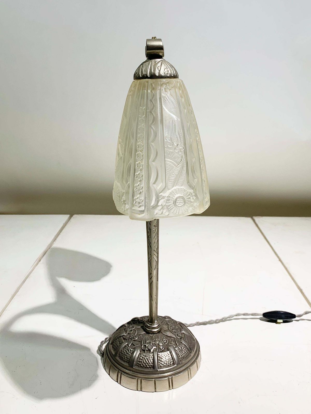 Art Deco Double Arm Table Lamp In Press Molded Glass/Nickeled Bronze, Circa 1930 photo vinterior