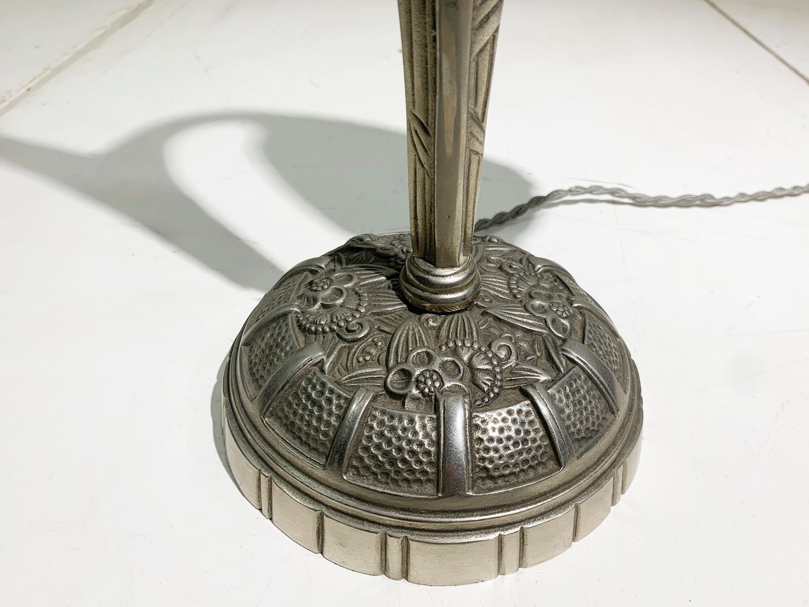 photo furniture Art Deco Double Arm Table Lamp In Press Molded Glass/Nickeled Bronze, Circa 1930