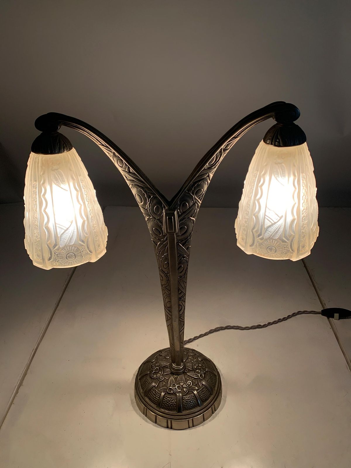 photo for sale Art Deco Double Arm Table Lamp In Press Molded Glass/Nickeled Bronze, Circa 1930