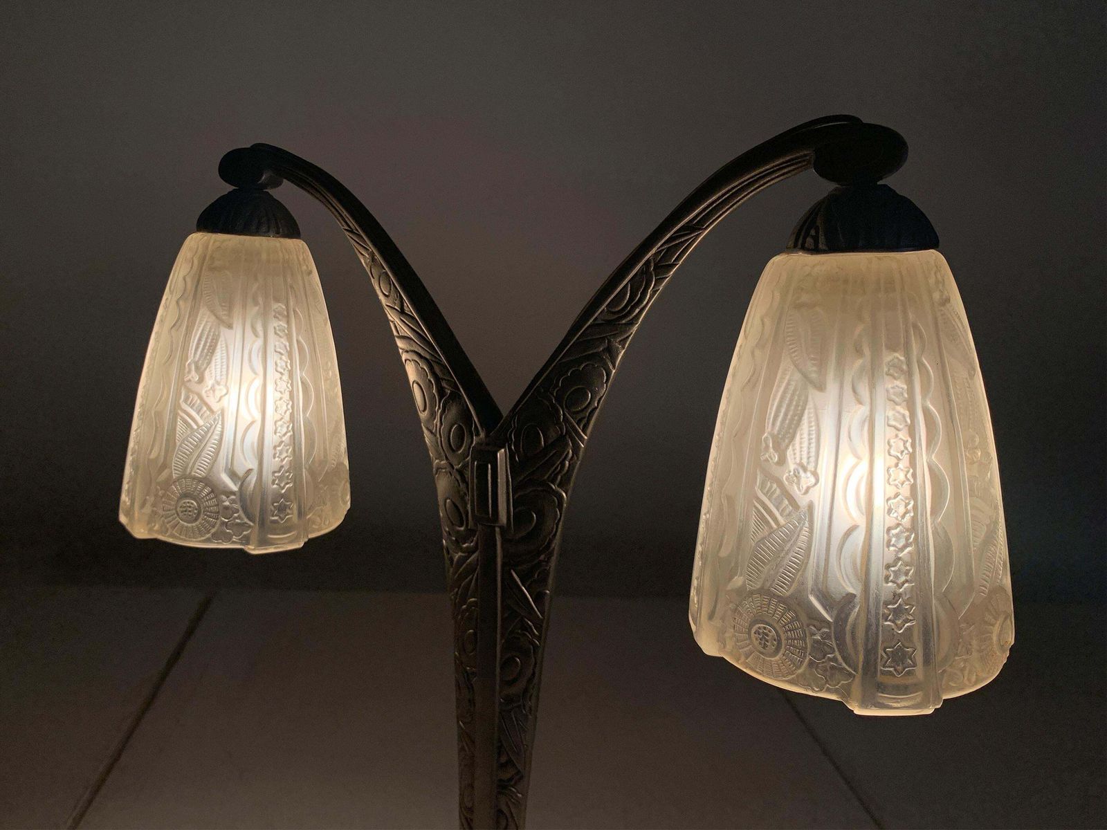1224.0 Art Deco Double Arm Table Lamp In Press Molded Glass/Nickeled Bronze, Circa 1930 photo