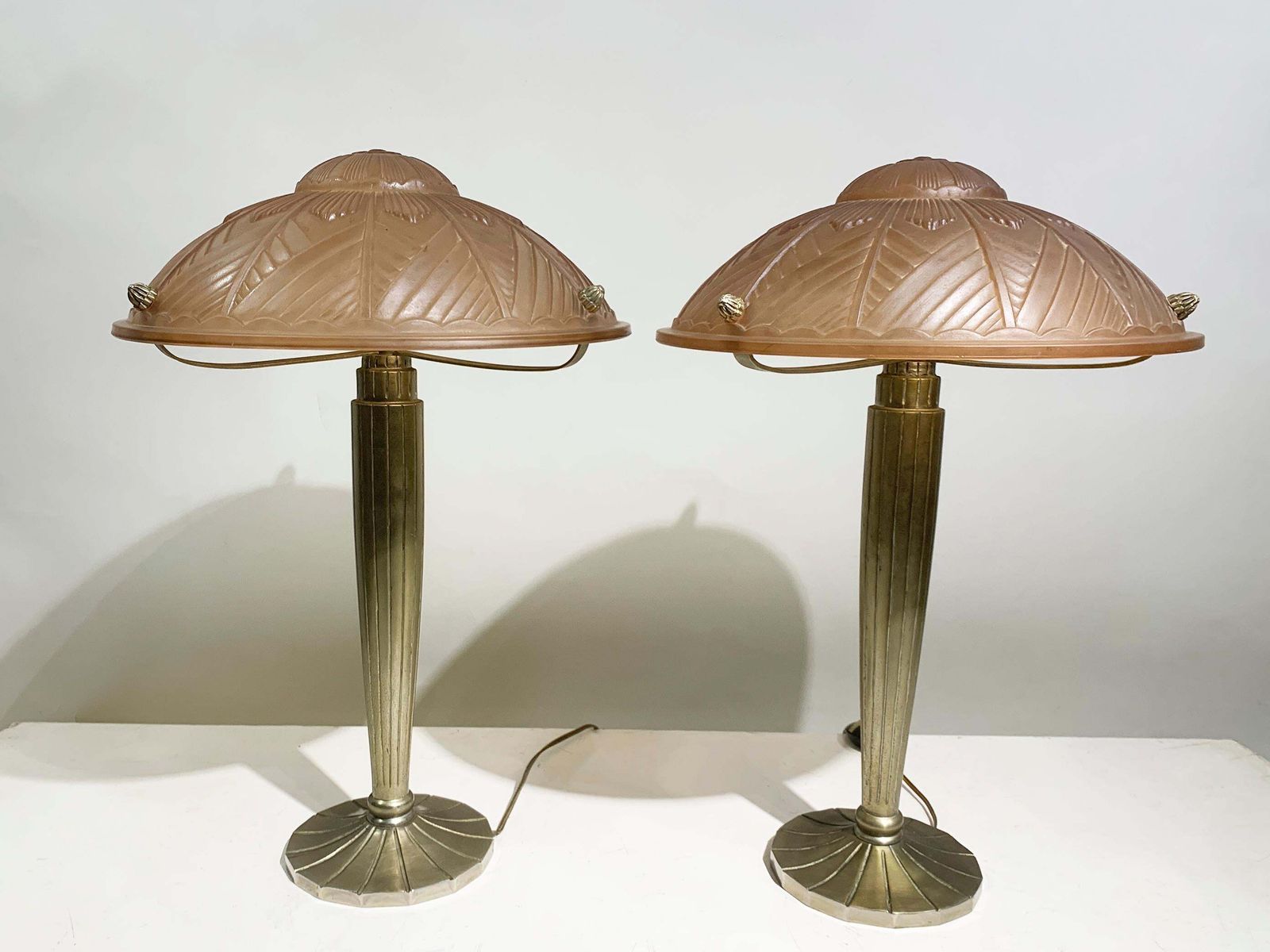 Pair Of French Art Deco Table Lamps In Pink Press Molded Glass, Circa 1930 photo furniture