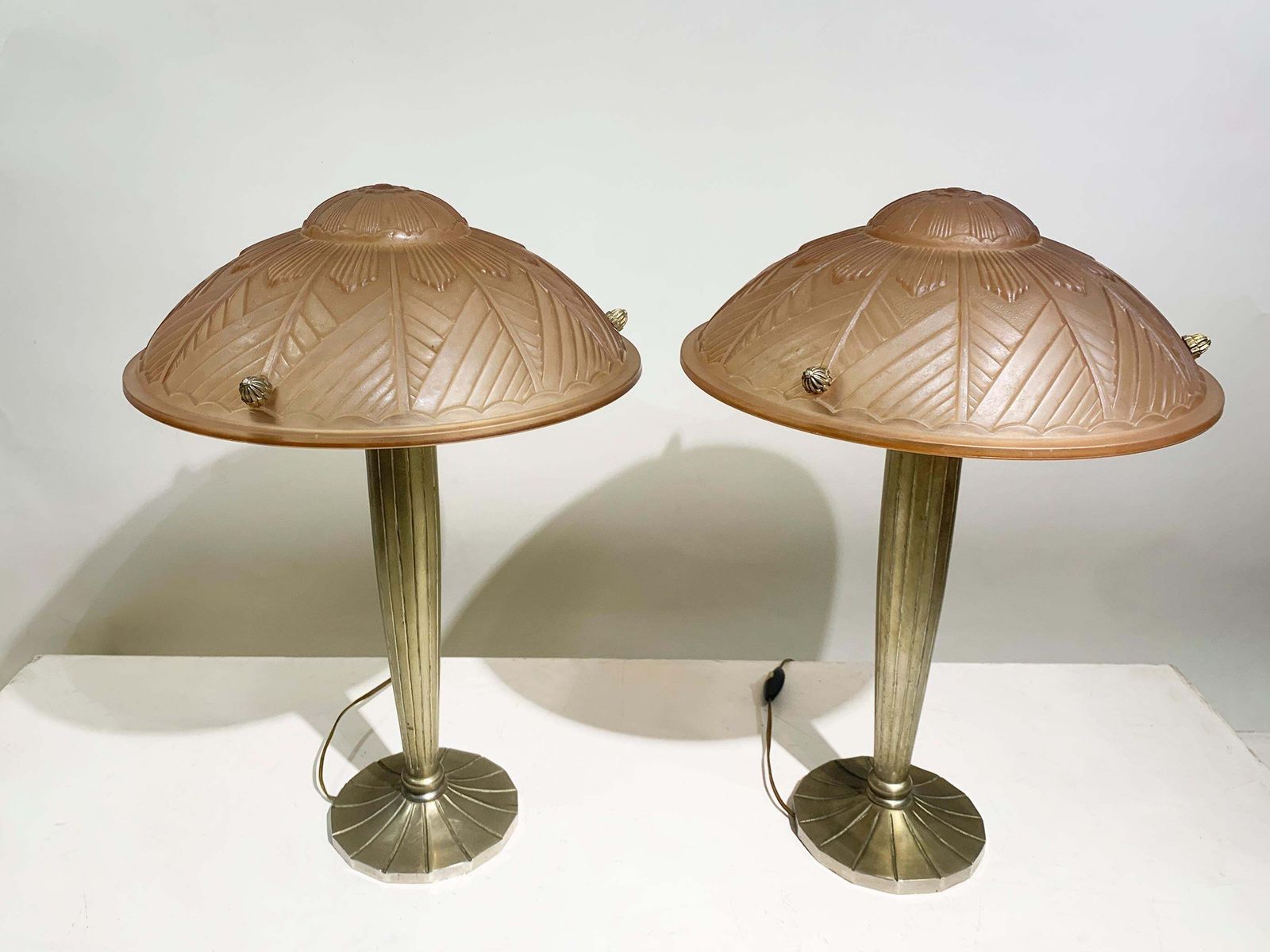 Pair Of French Art Deco Table Lamps In Pink Press Molded Glass, Circa 1930 photo for sale
