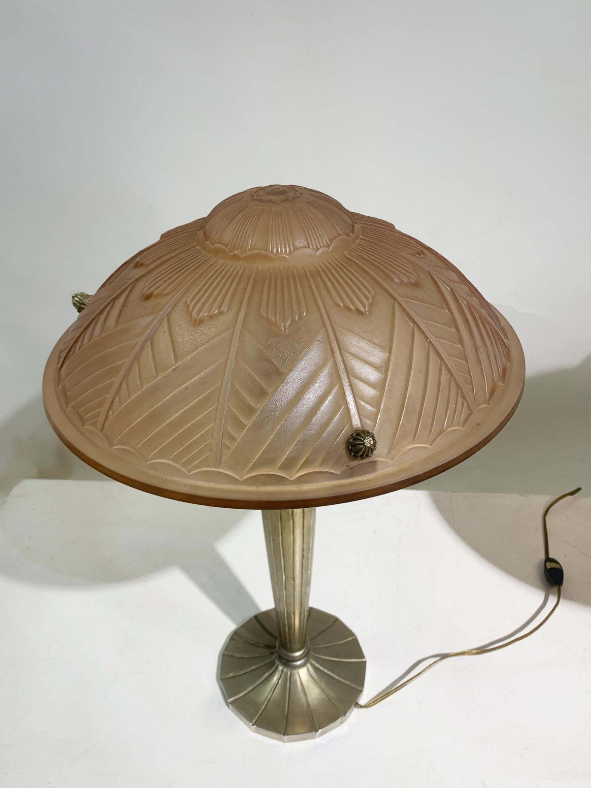 Pair Of French Art Deco Table Lamps In Pink Press Molded Glass, Circa 1930 photo vintage