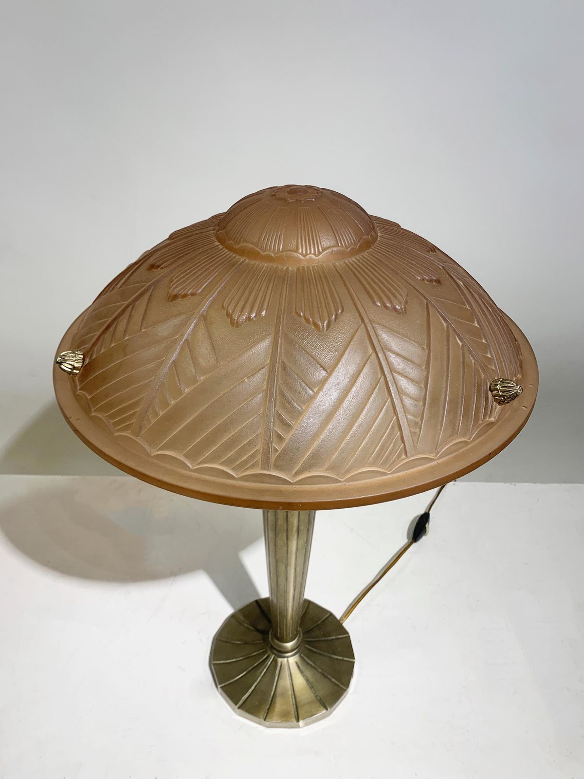 photo for sale Pair Of French Art Deco Table Lamps In Pink Press Molded Glass, Circa 1930