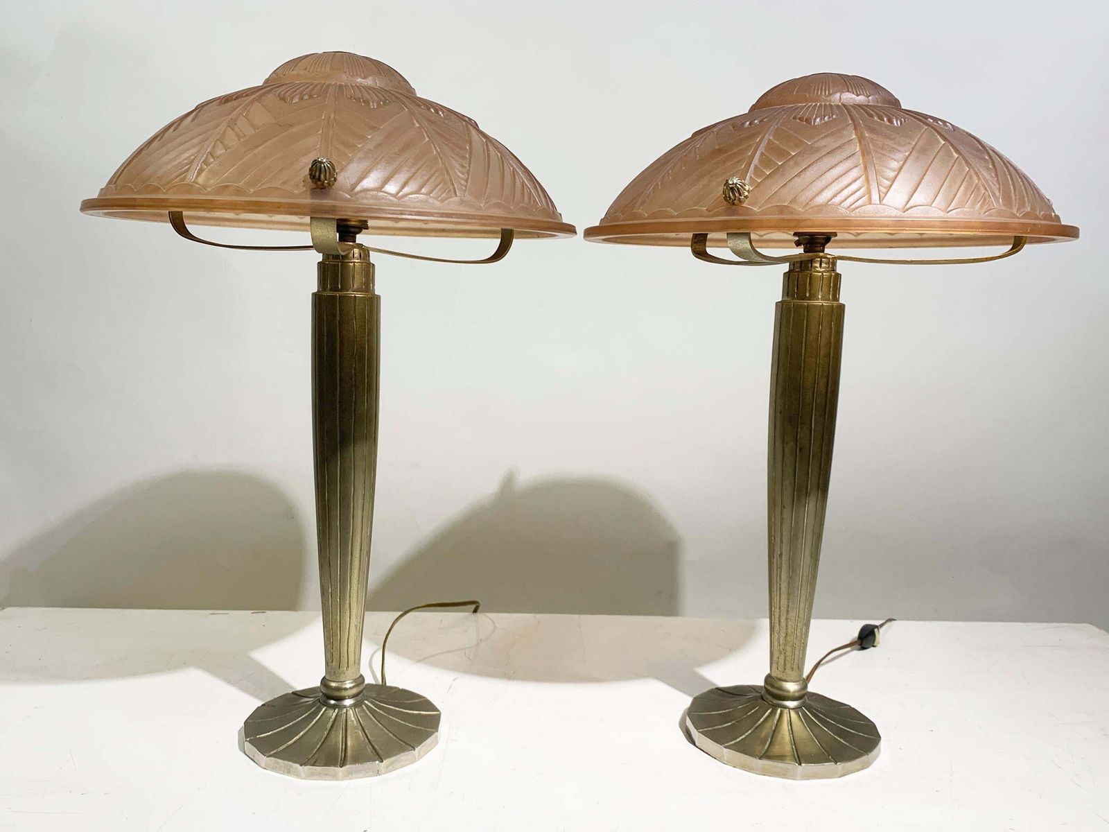 Lighting Pair Of French Art Deco Table Lamps In Pink Press Molded Glass, Circa 1930 photo