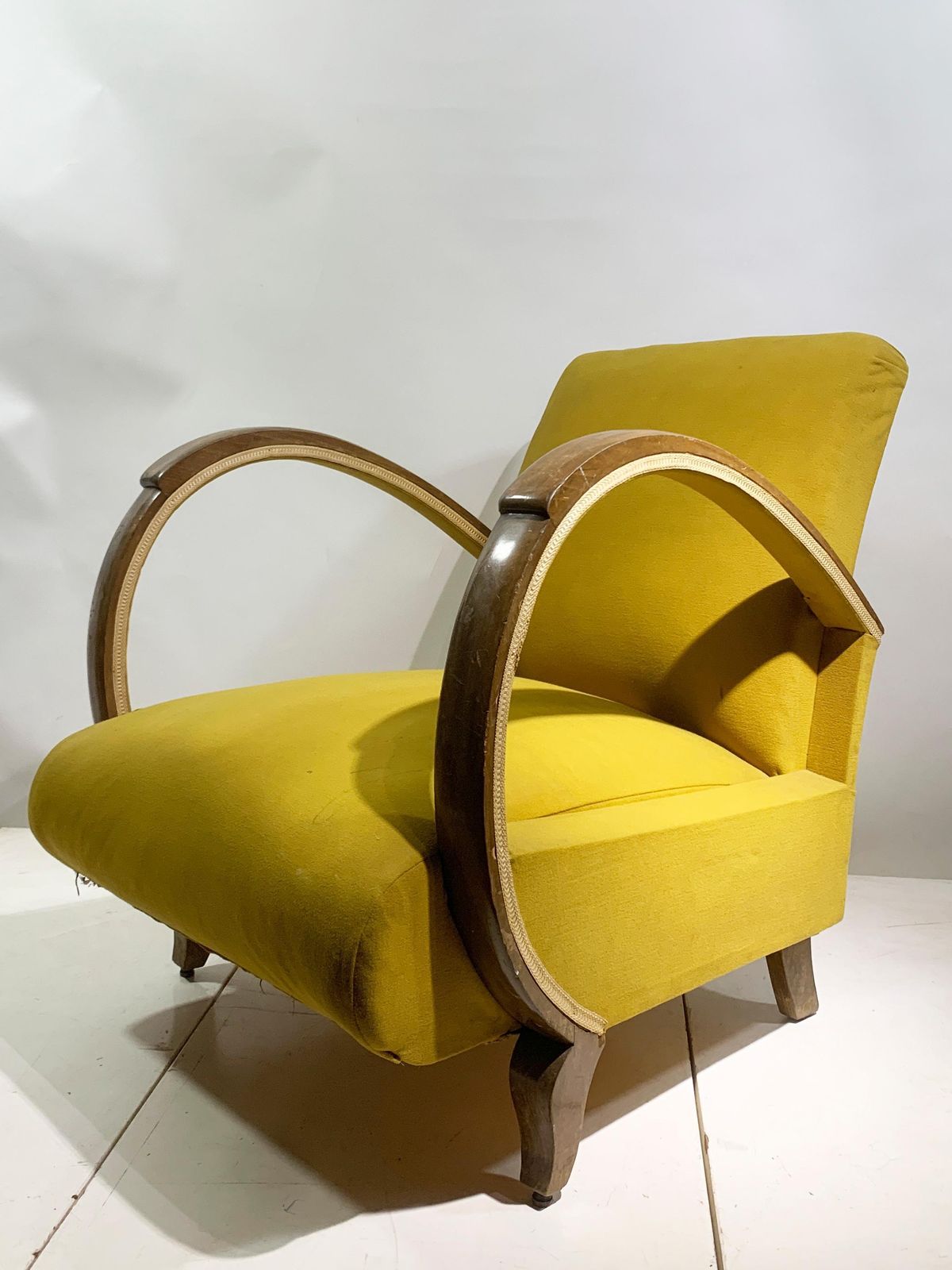 Furniture Mid 20th Century Art Deco Lounge Chair, In Bentwood/Yellow Green Fabric, 1930's photo