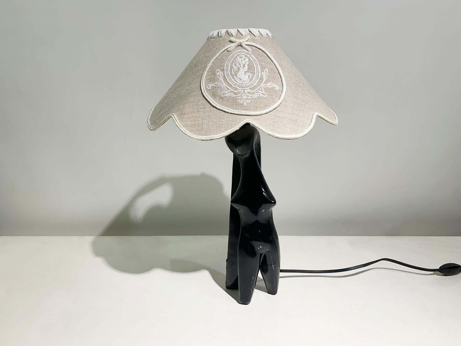 Art Deco Stylized Woman Figure Sculptural Table Lamp In Black Terracotta, France photo furniture