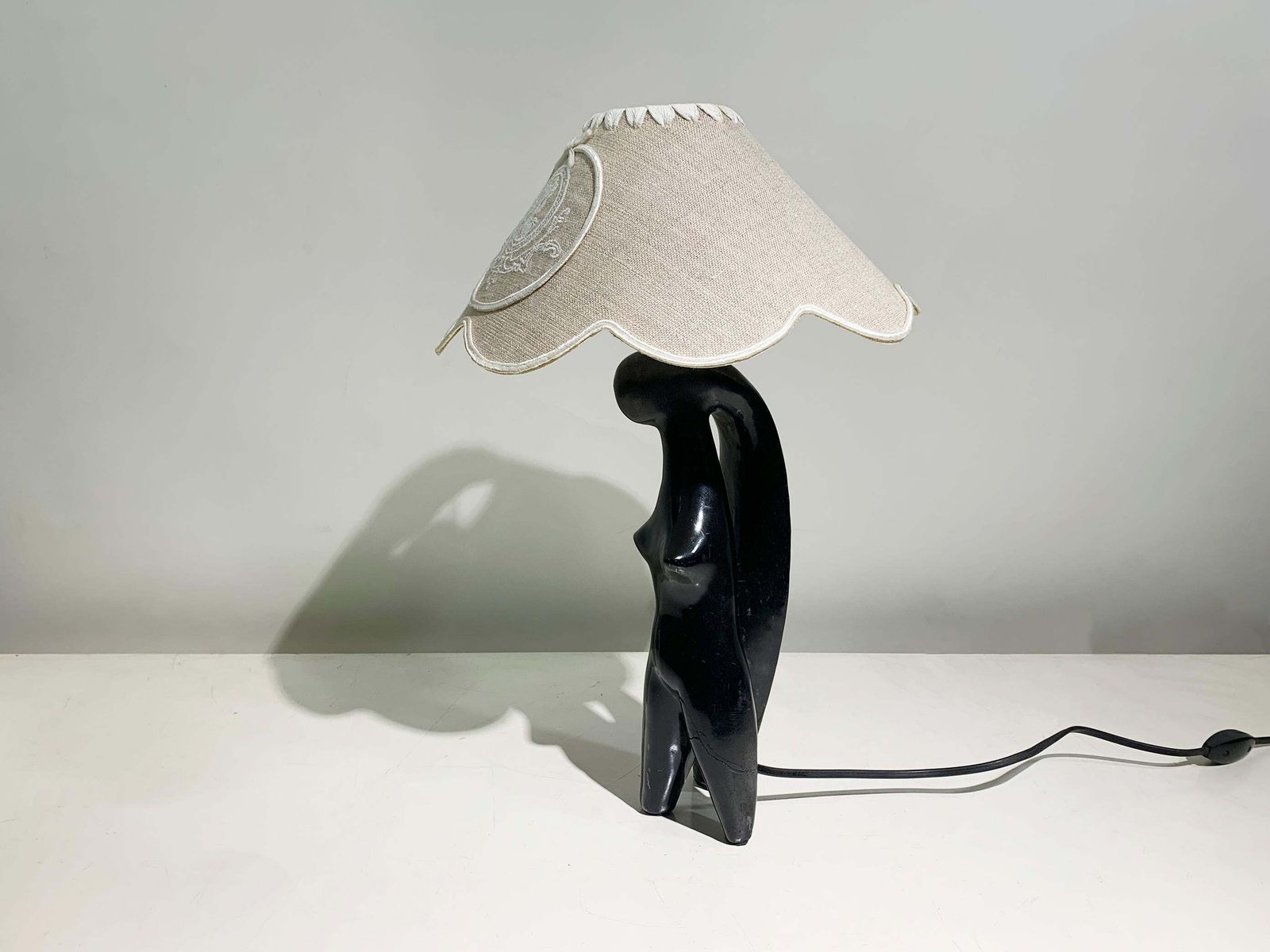 Art Deco Stylized Woman Figure Sculptural Table Lamp In Black Terracotta, France photo for sale