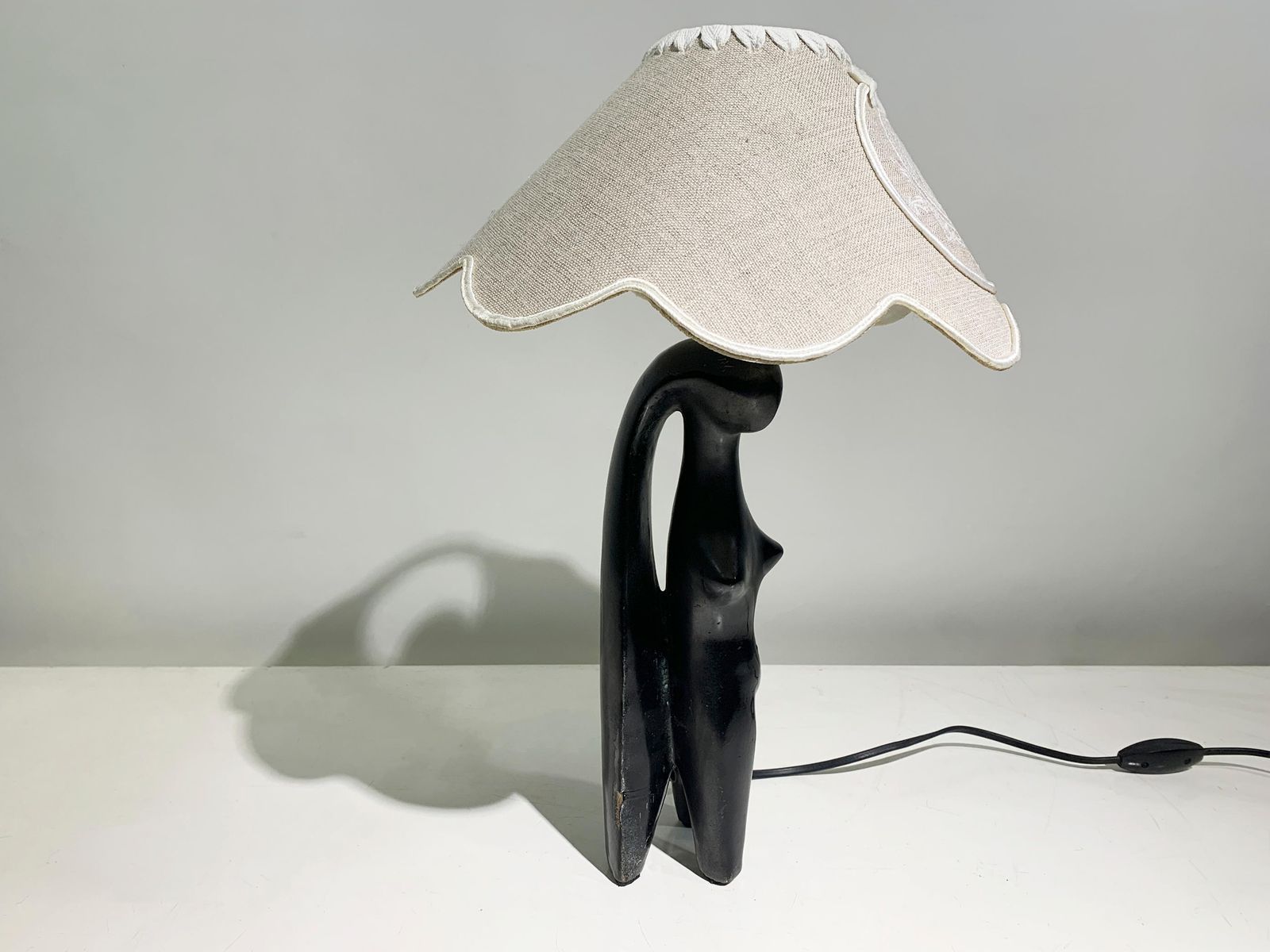 Art Deco Stylized Woman Figure Sculptural Table Lamp In Black Terracotta, France photo 669.0