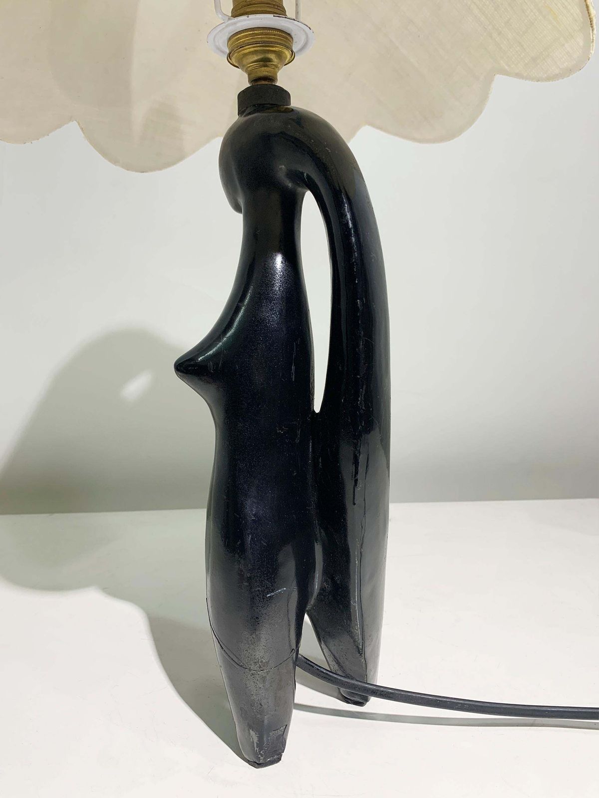 Art Deco Stylized Woman Figure Sculptural Table Lamp In Black Terracotta, France photo buy
