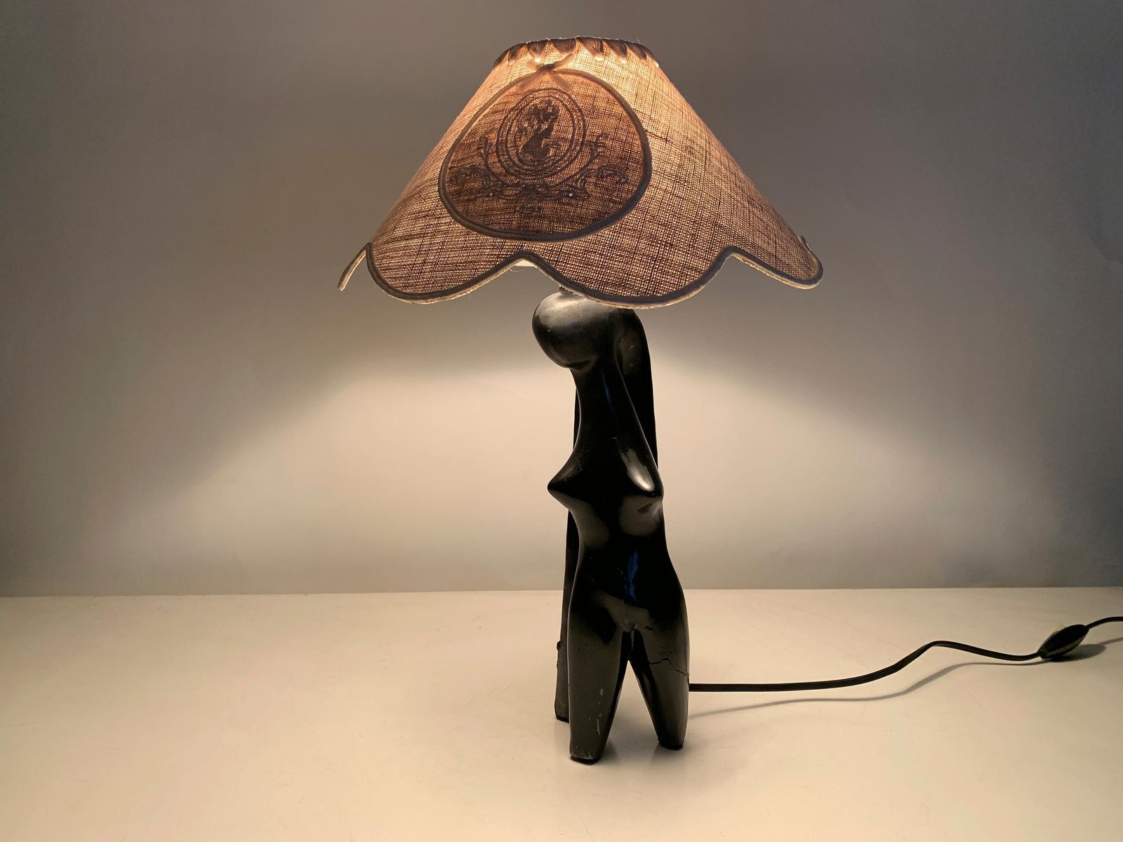 photo for sale Art Deco Stylized Woman Figure Sculptural Table Lamp In Black Terracotta, France