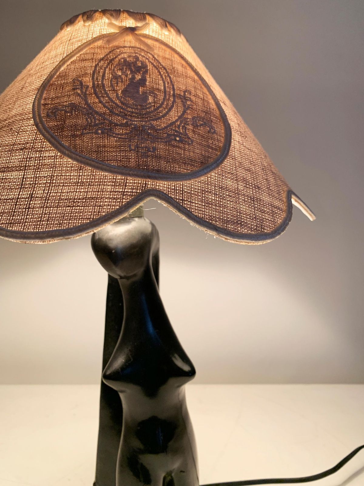 photo buy Art Deco Stylized Woman Figure Sculptural Table Lamp In Black Terracotta, France