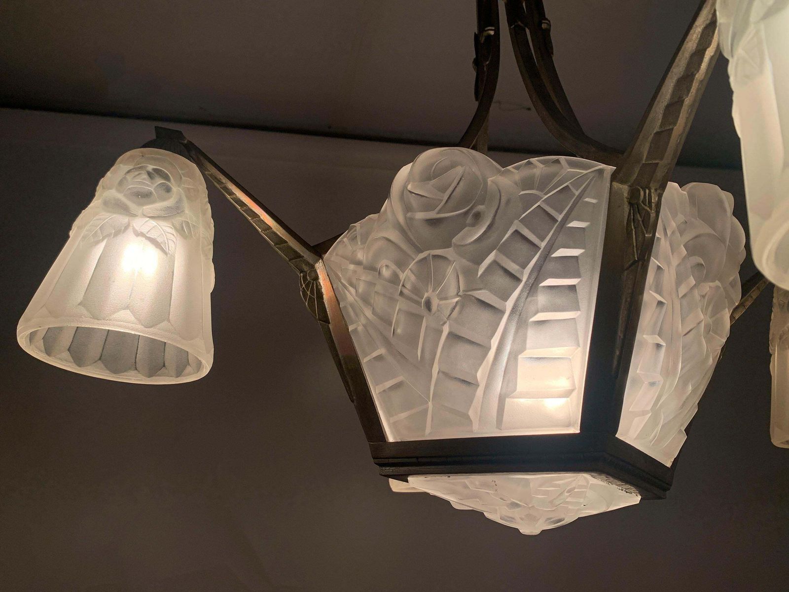 French Art Deco Chandelier Signed “Degué”, France, Circa 1930s photo vintage