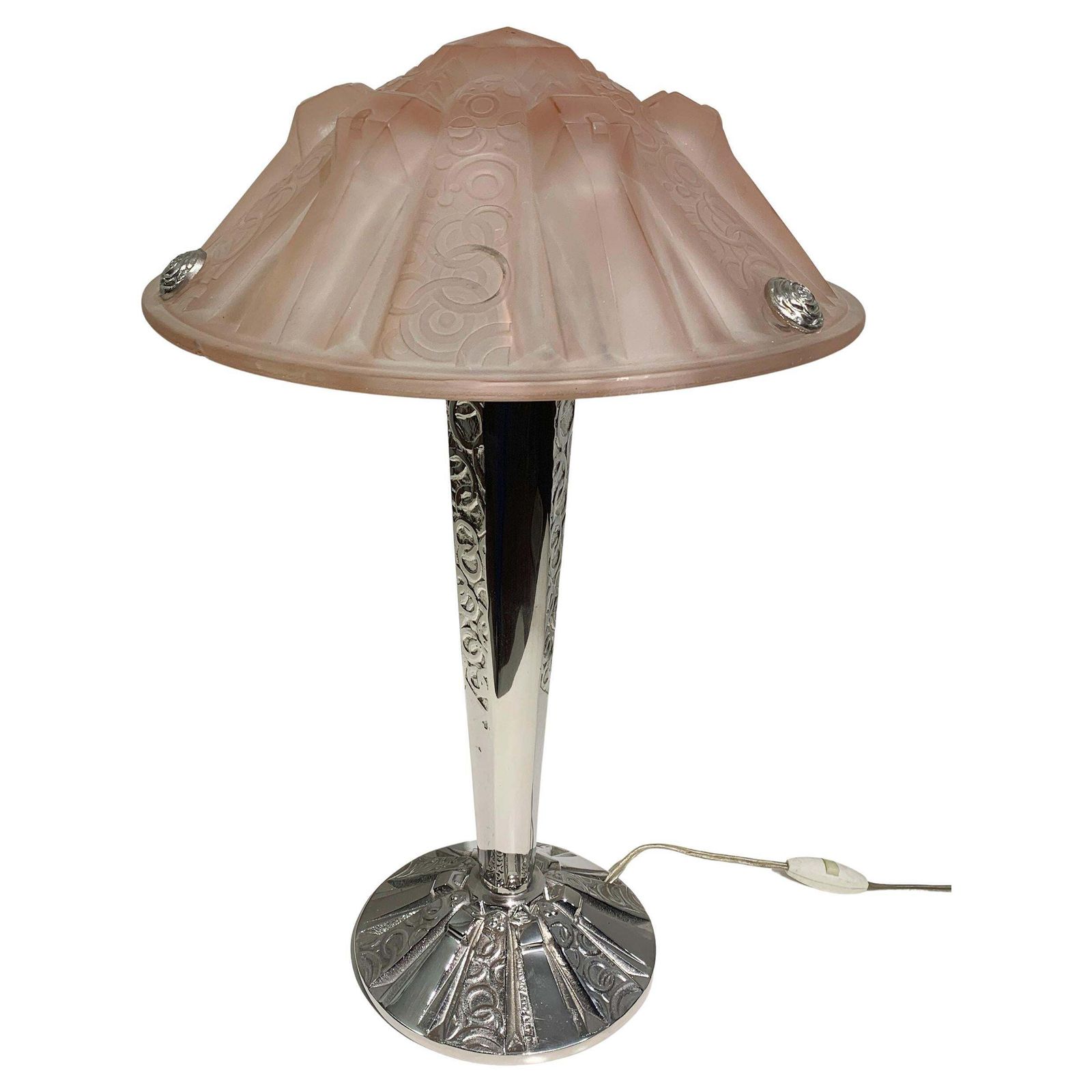 Art Deco Table Lamp In Pink Press Molded Glass Signed "Muller Frères Luneville"