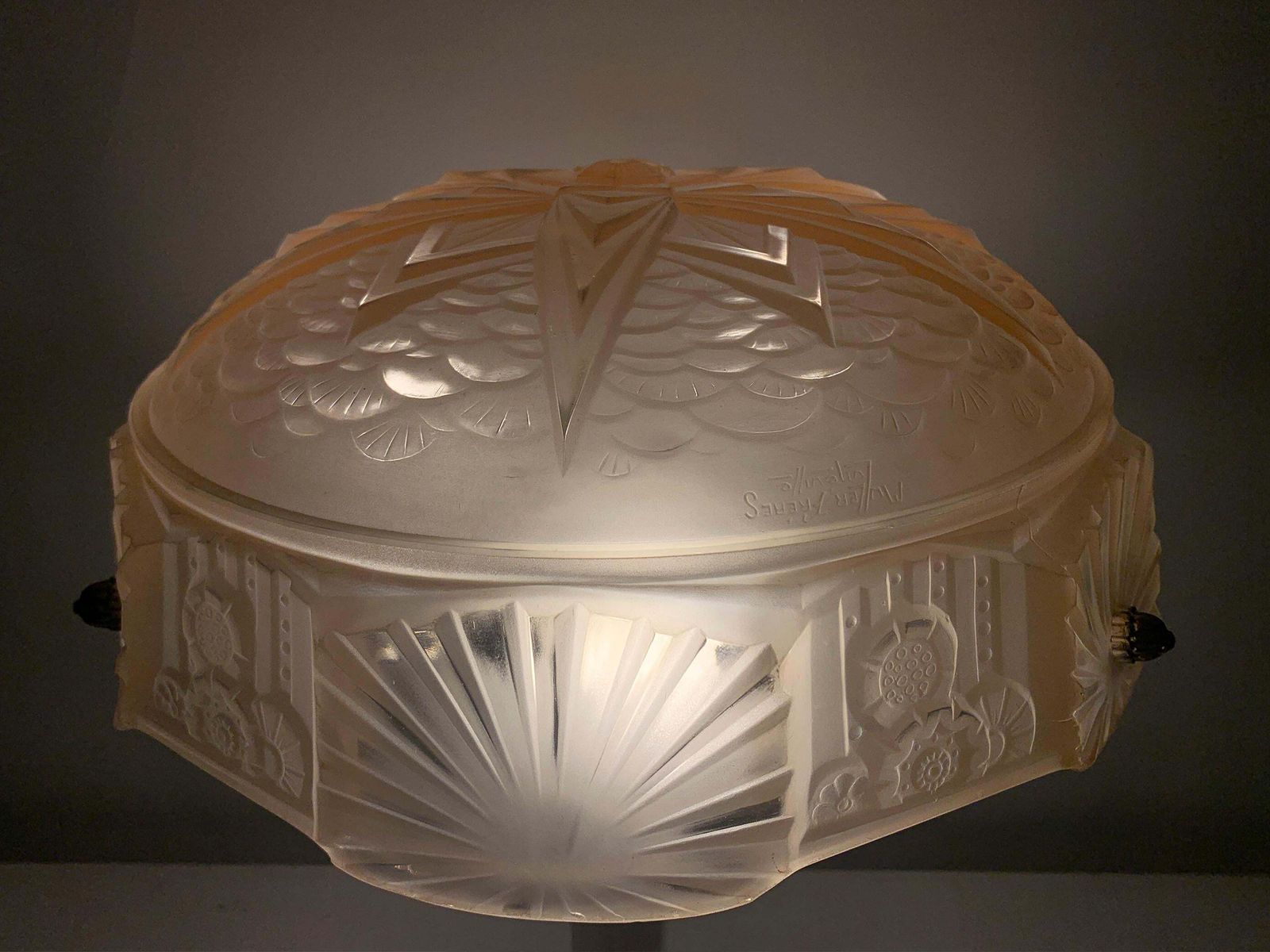 photo for sale Art Deco Table Lamp In Press Molded Glass Signed "Muller Frères Luneville"