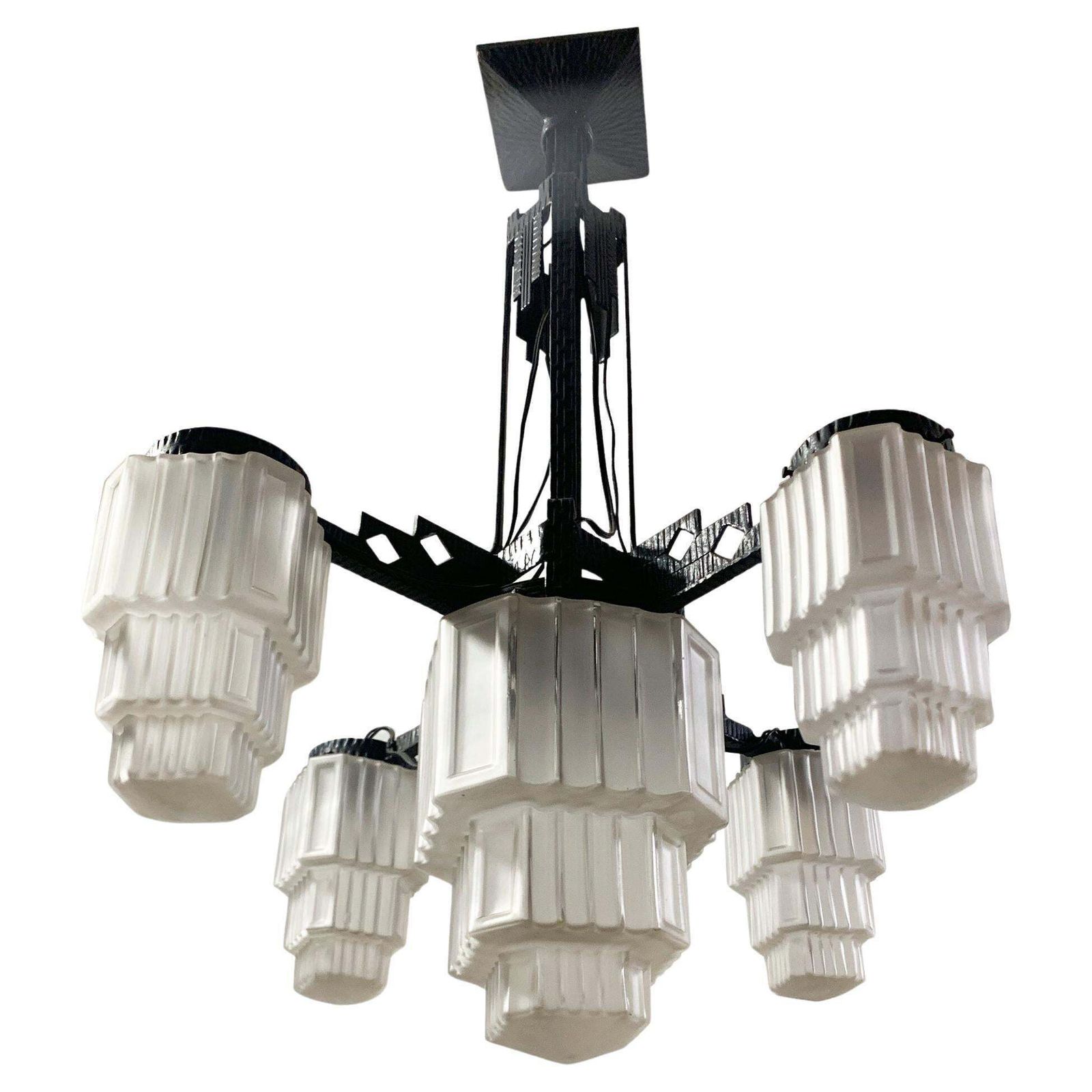 French Art Deco Skyscraper Chandelier In Wrought Iron And Glass, Circa 1920's