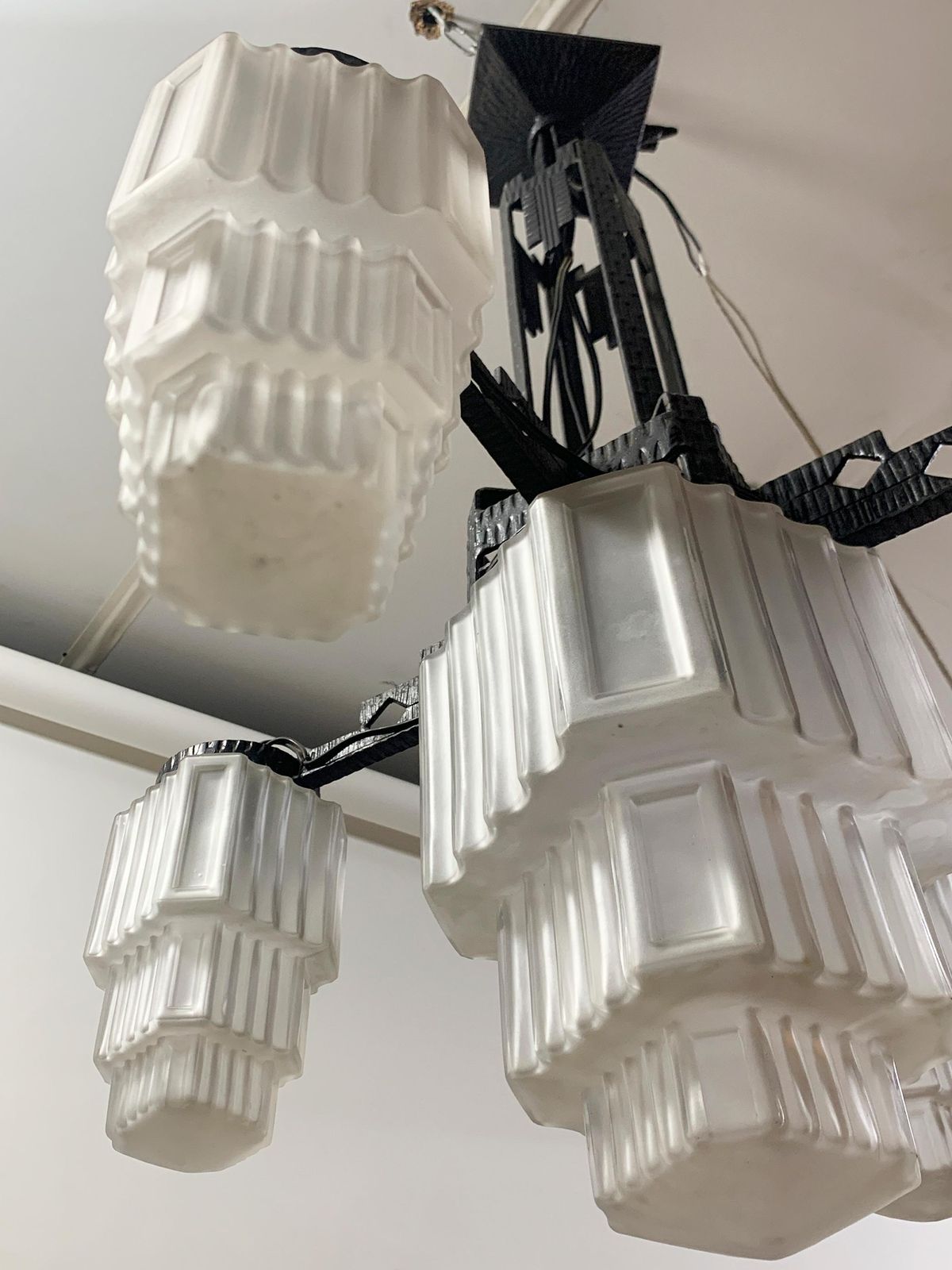 French Art Deco Skyscraper Chandelier In Wrought Iron And Glass, Circa 1920's photo Lighting