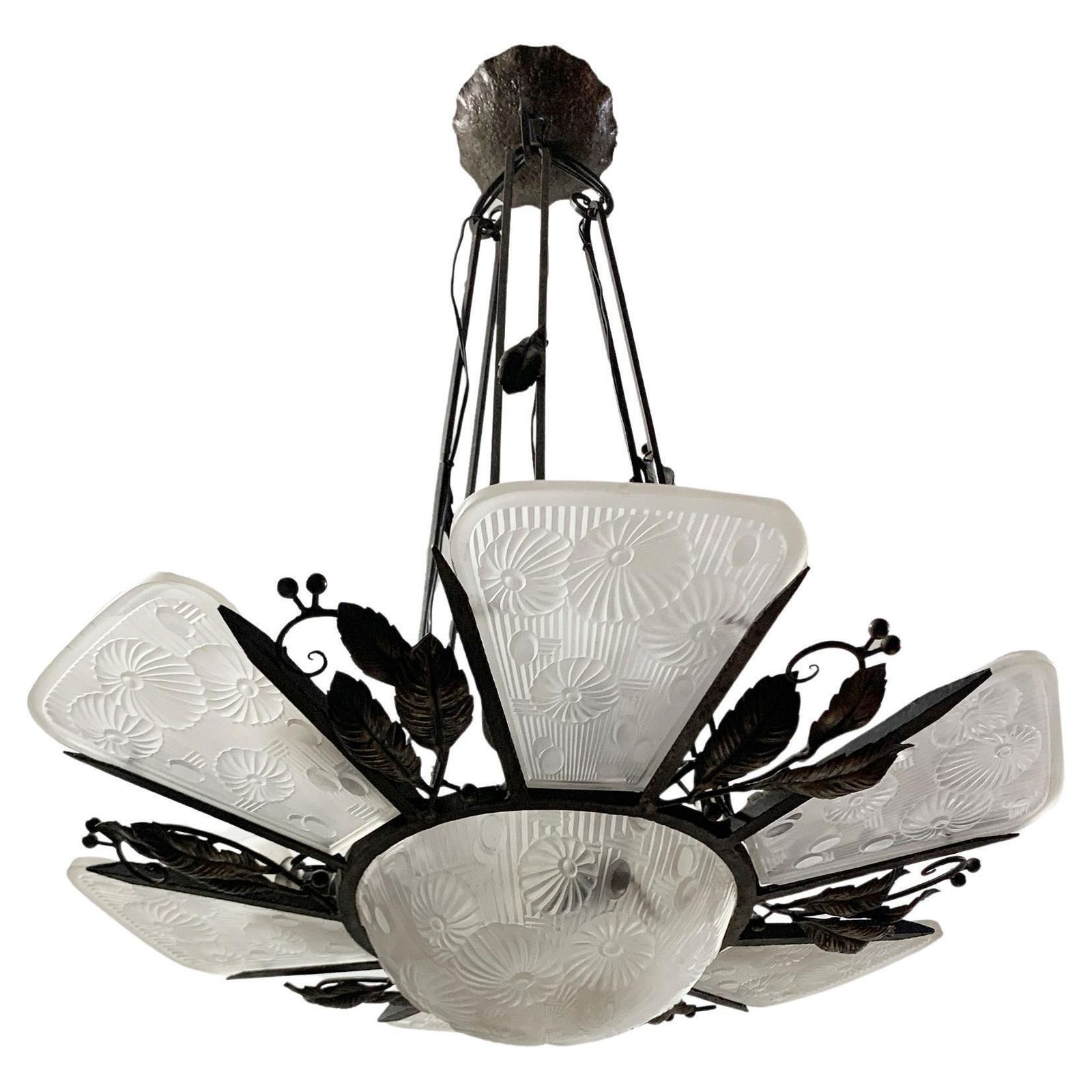French Art Deco Chandelier In Wrought Iron And Press Molded Glass, Circa 1930's