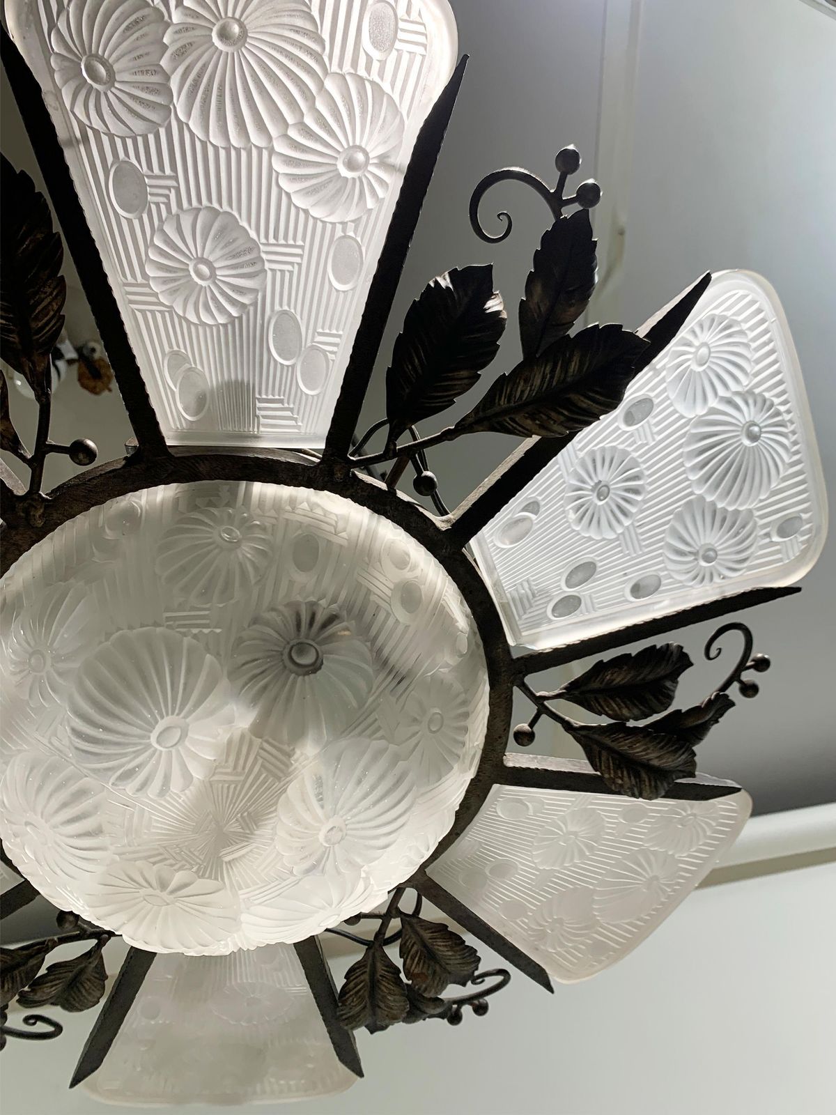 French Art Deco Chandelier In Wrought Iron And Press Molded Glass, Circa 1930's photo 5173.0