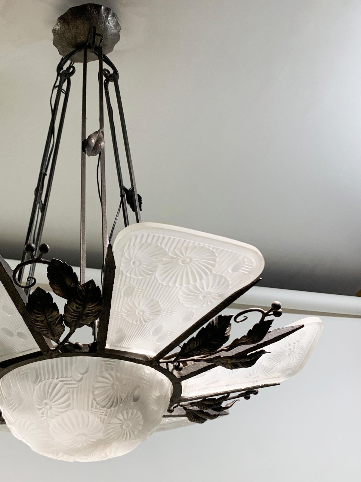 French Art Deco Chandelier In Wrought Iron And Press Molded Glass, Circa 1930's photo vintage