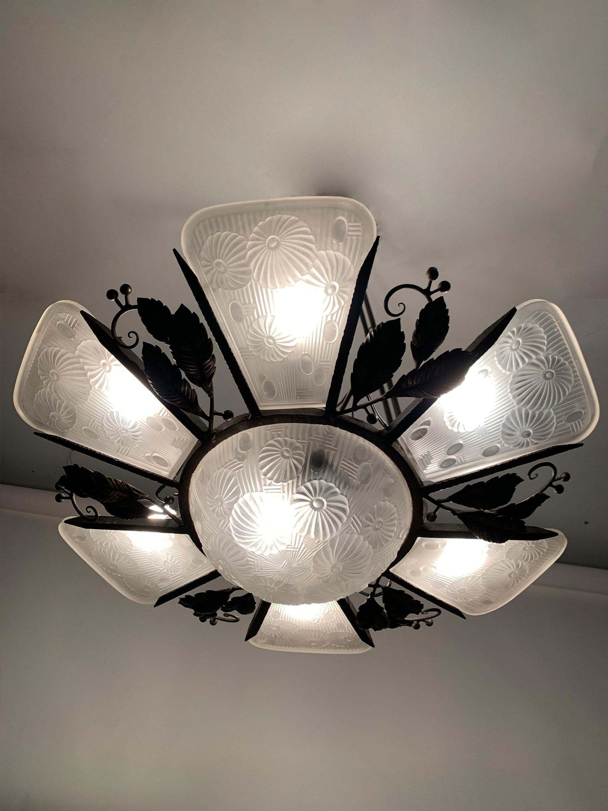 5173.0 French Art Deco Chandelier In Wrought Iron And Press Molded Glass, Circa 1930's photo