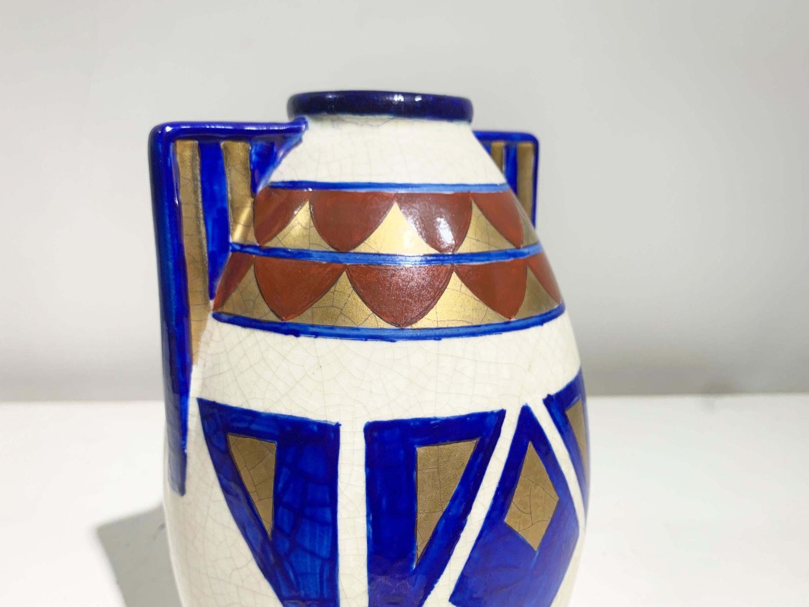 Art Deco Hand Painted Vase, Geometric Motifs, France photo vintage