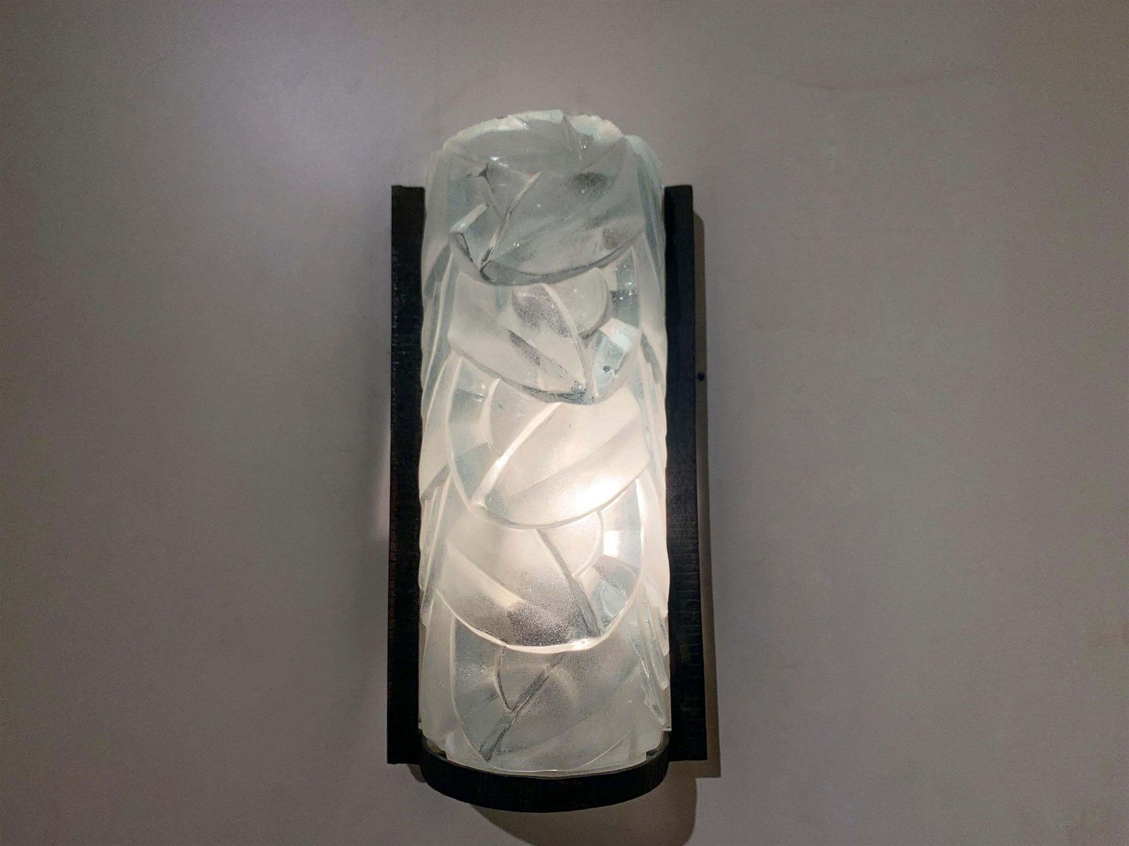 photo furniture Pair Of French Art Deco Wall Sconces In Press Molded Glass And Wrought Iron