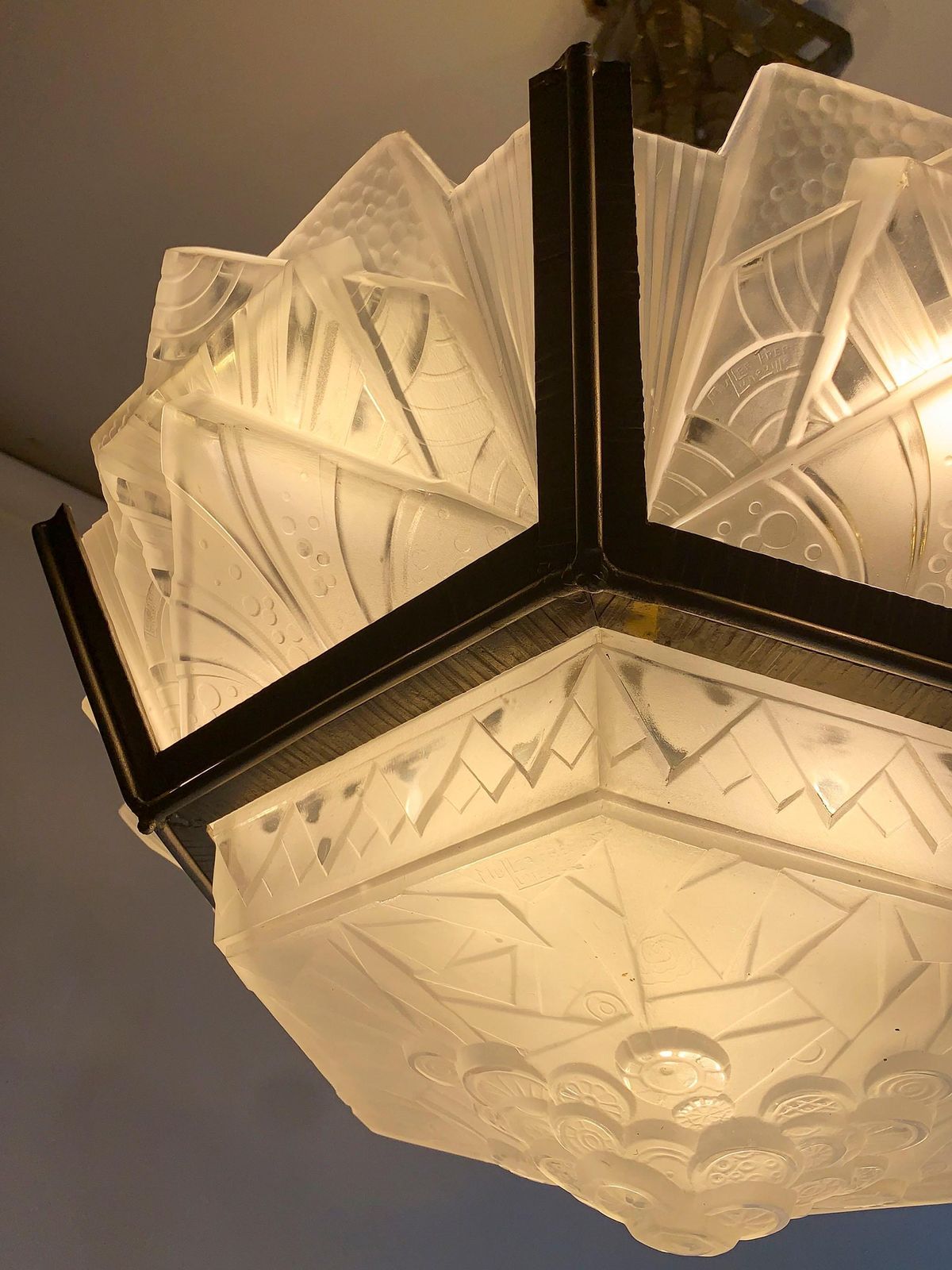 photo vinterior Art Deco Chandelier, Glasses Signed Muller Frères Luneville