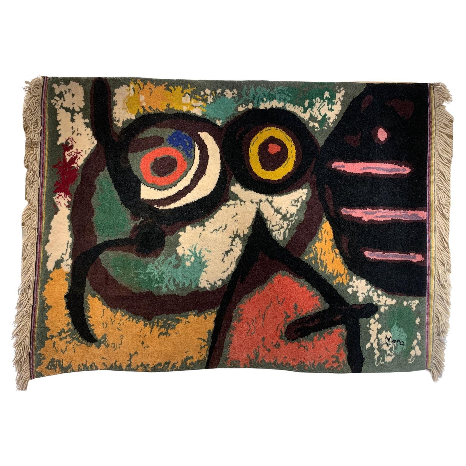 Vintage Mid Century Hand Knotted Wool Tapestry “Femme Et Oiseaux” By Joan Miro