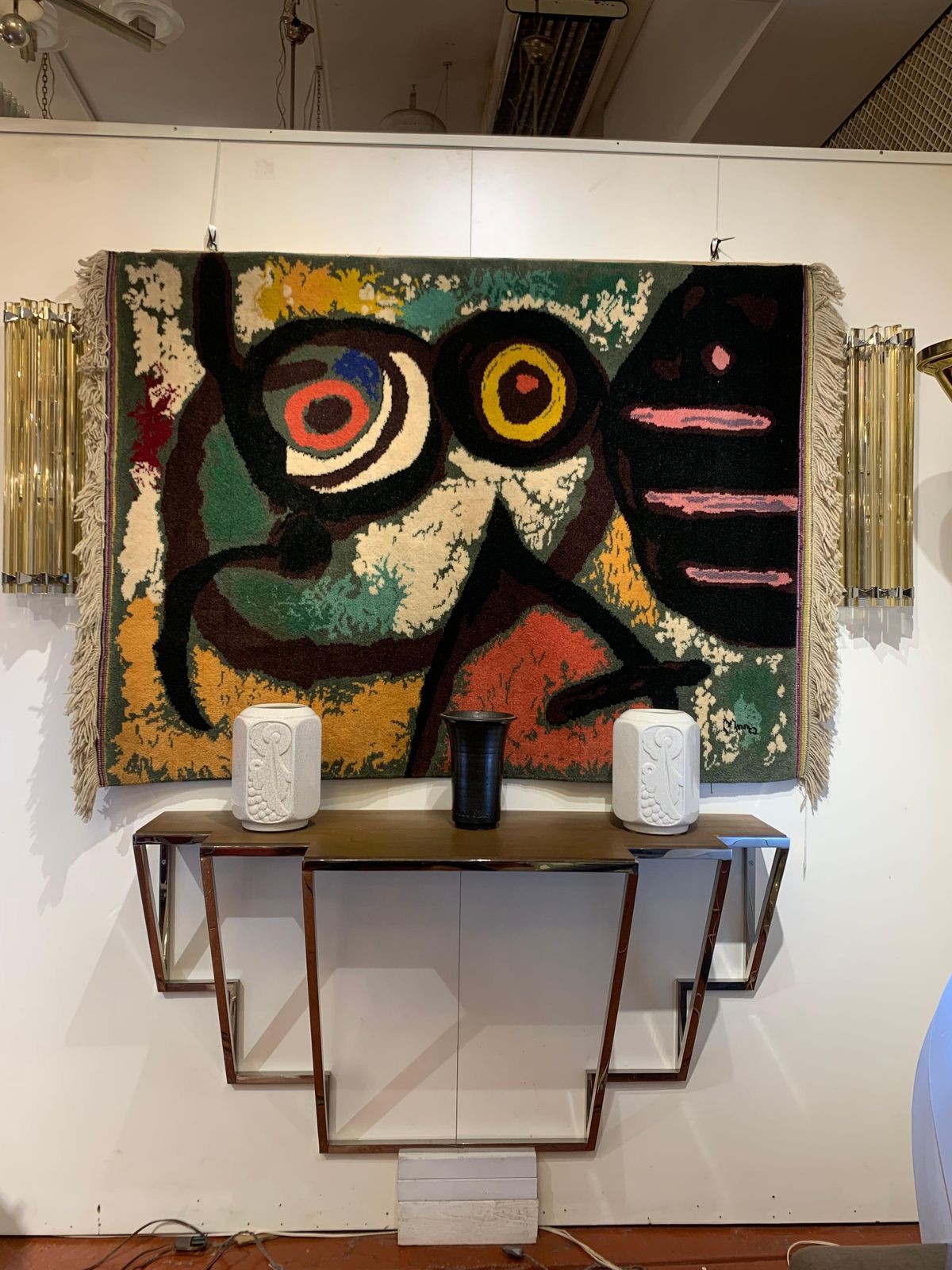 photo furniture Vintage Mid Century Hand Knotted Wool Tapestry “Femme Et Oiseaux” By Joan Miro
