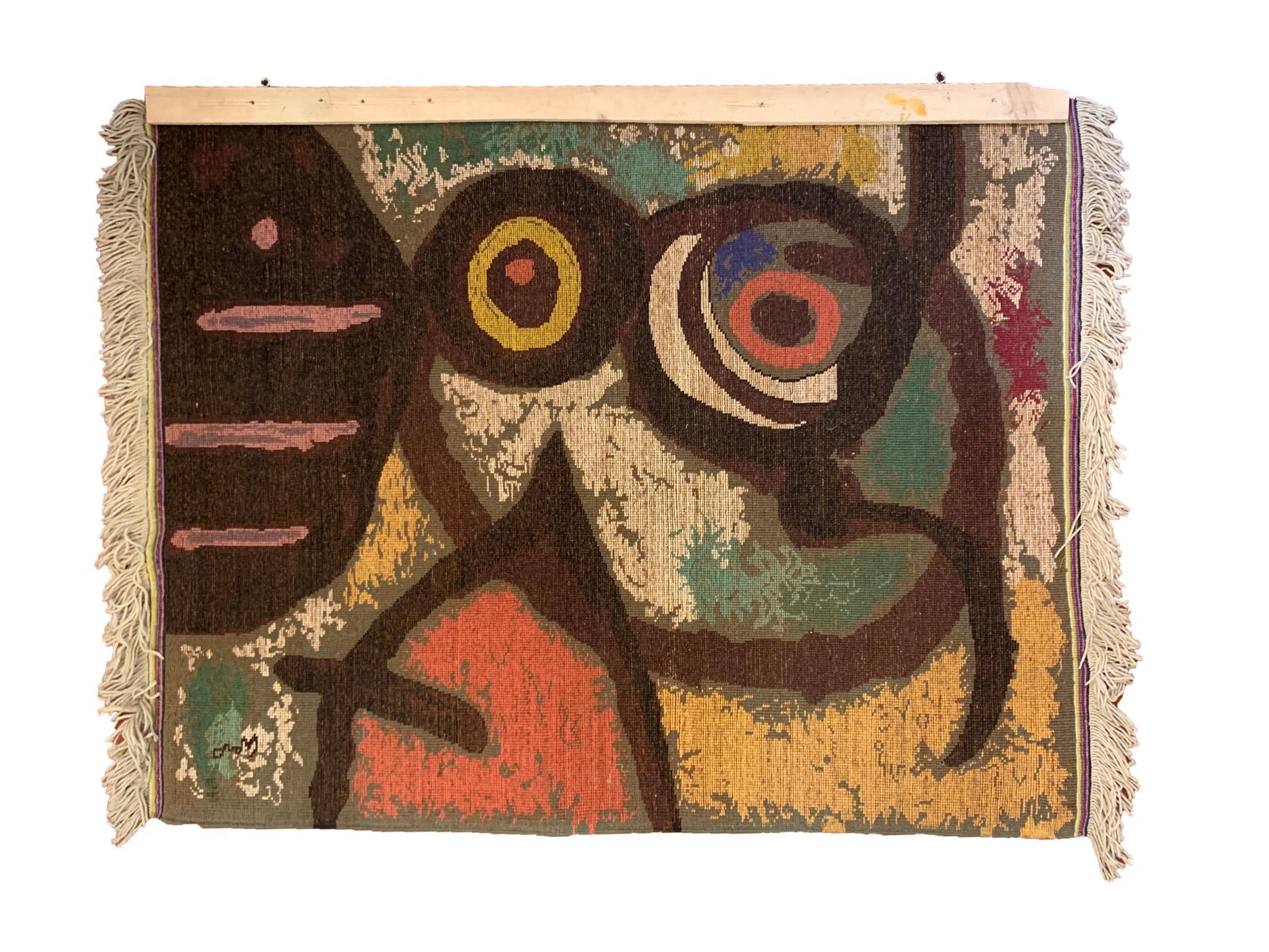 photo buy Vintage Mid Century Hand Knotted Wool Tapestry “Femme Et Oiseaux” By Joan Miro