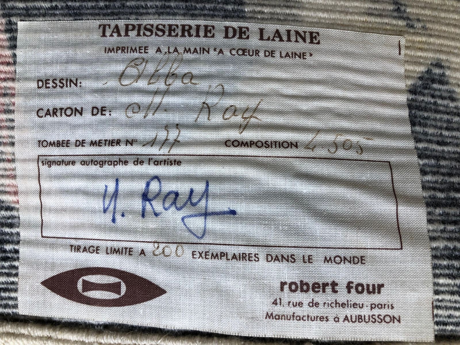 photo furniture Alba Tapestry Signed M.Ray, By Michele Ray Manufactured By Aubusson