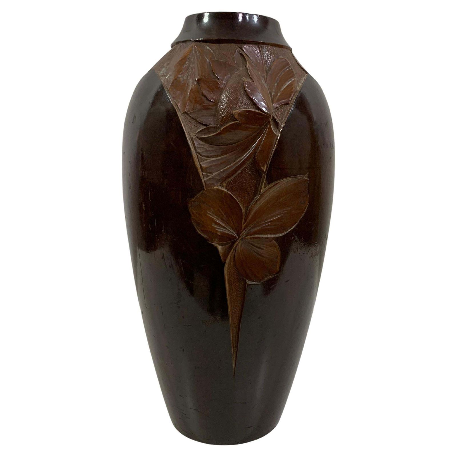 Mid   20th Century Vintage Hand Carved Wooden Vase 2 Signed Dupia