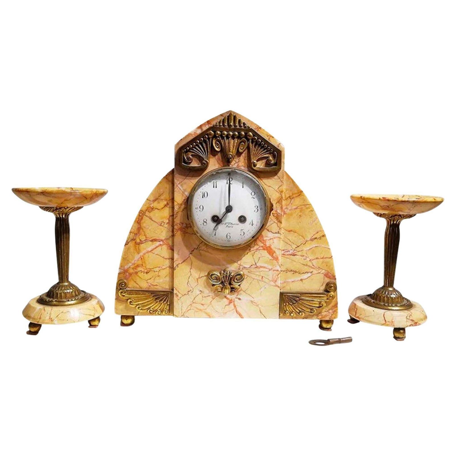 Marble And Gilt Bronze Clock Set, Signed Bonnet And Pottier, France, 1930